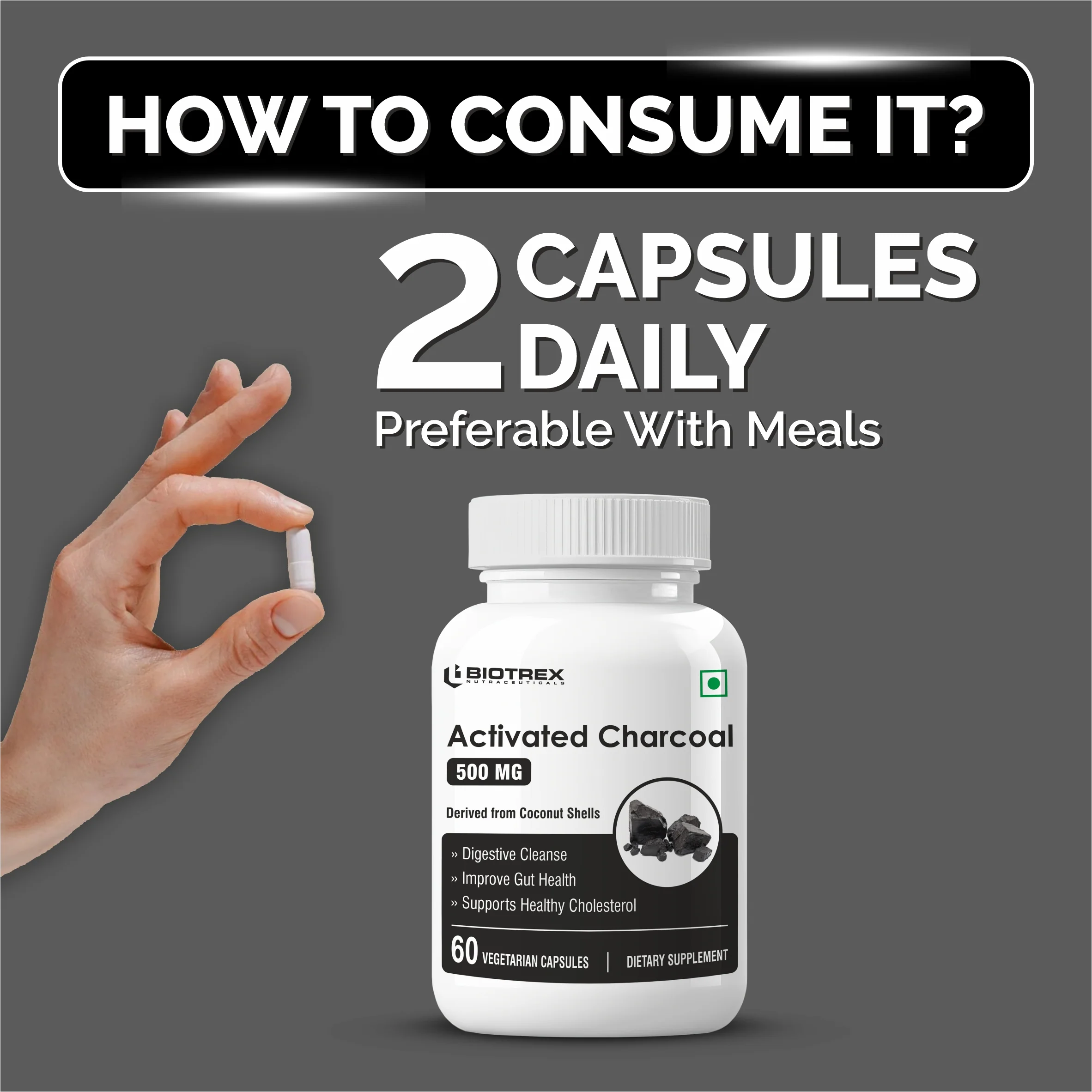 Biotrex Activated Charcoal 500mg Supplement For Healthy Digestive System - 60 Capsules - Image 4