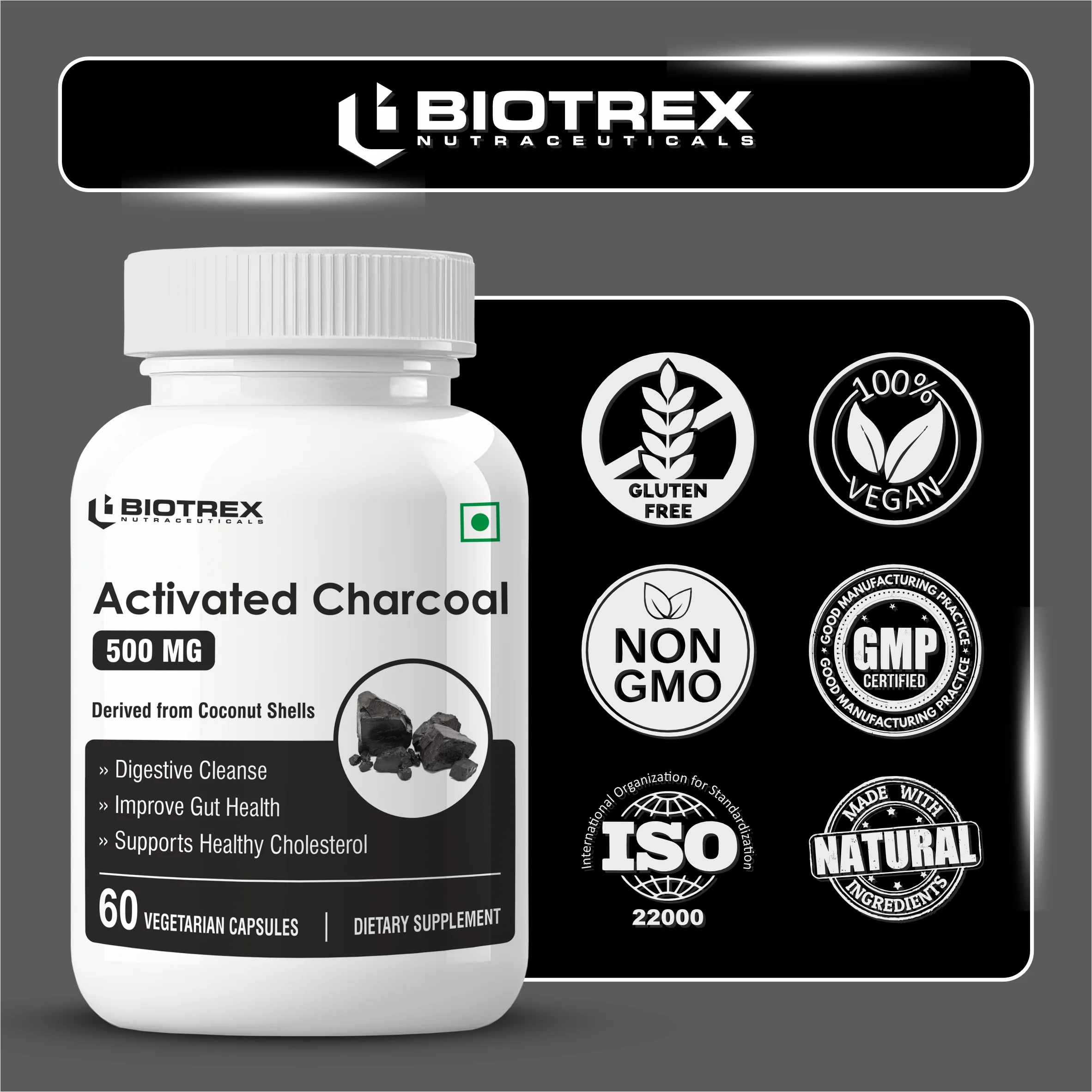 Biotrex Activated Charcoal 500mg Supplement For Healthy Digestive System - 60 Capsules - Image 5
