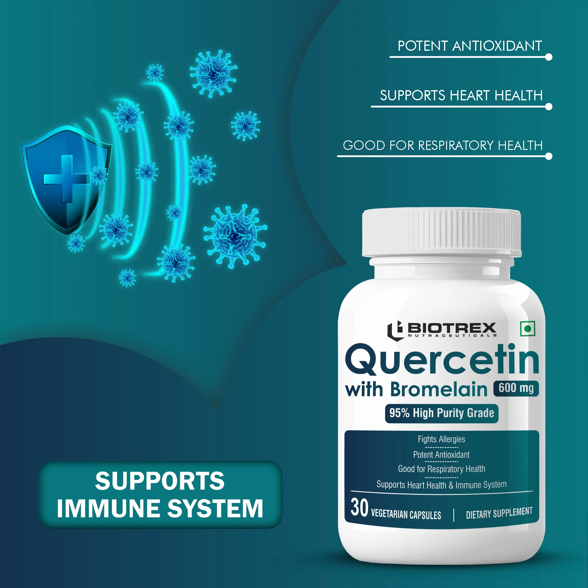 Biotrex Nutraceuticals Quercetin with Bromelain 600mg Better Respiratory Health | Antioxidant | Fights Allergies | Immunity & Cardiovascular Health - 30 Veg Capsules - Image 3