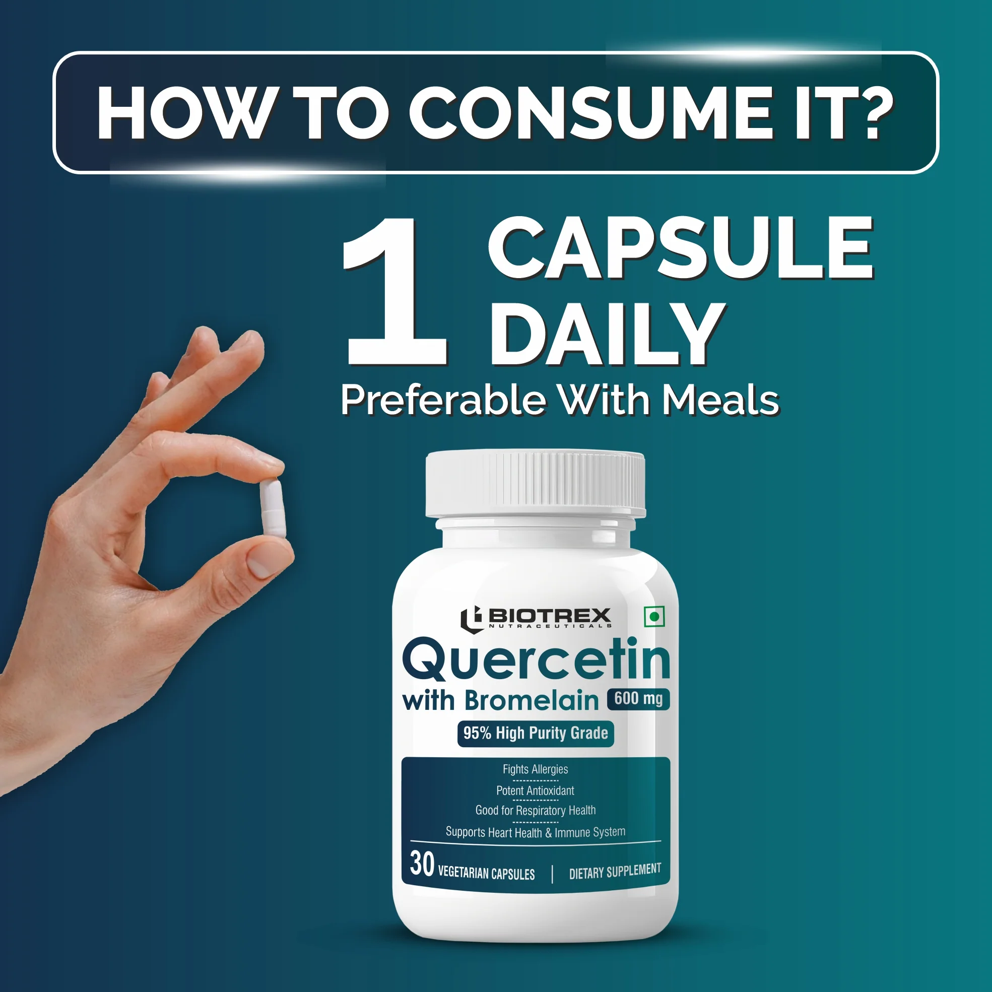 Biotrex Nutraceuticals Quercetin with Bromelain 600mg Better Respiratory Health | Antioxidant | Fights Allergies | Immunity & Cardiovascular Health - 30 Veg Capsules - Image 4