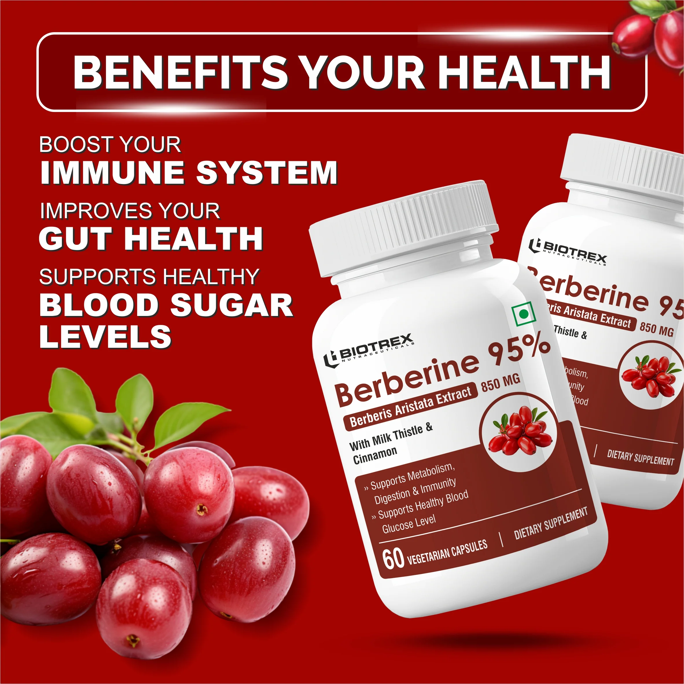 Biotrex Berberis Berberine 95% Supplement - 60 Veg Capsules - Image 3