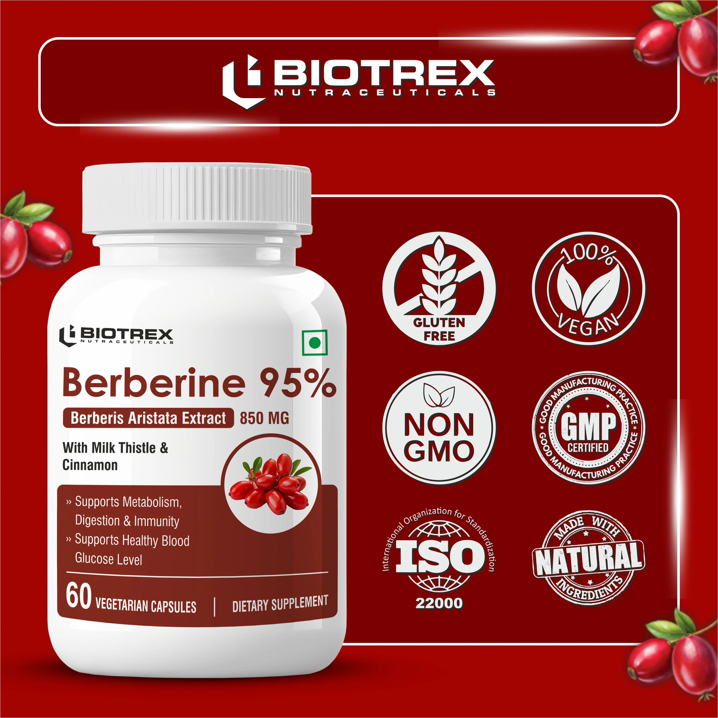 Biotrex Berberis Berberine 95% Supplement - 60 Veg Capsules - Image 5