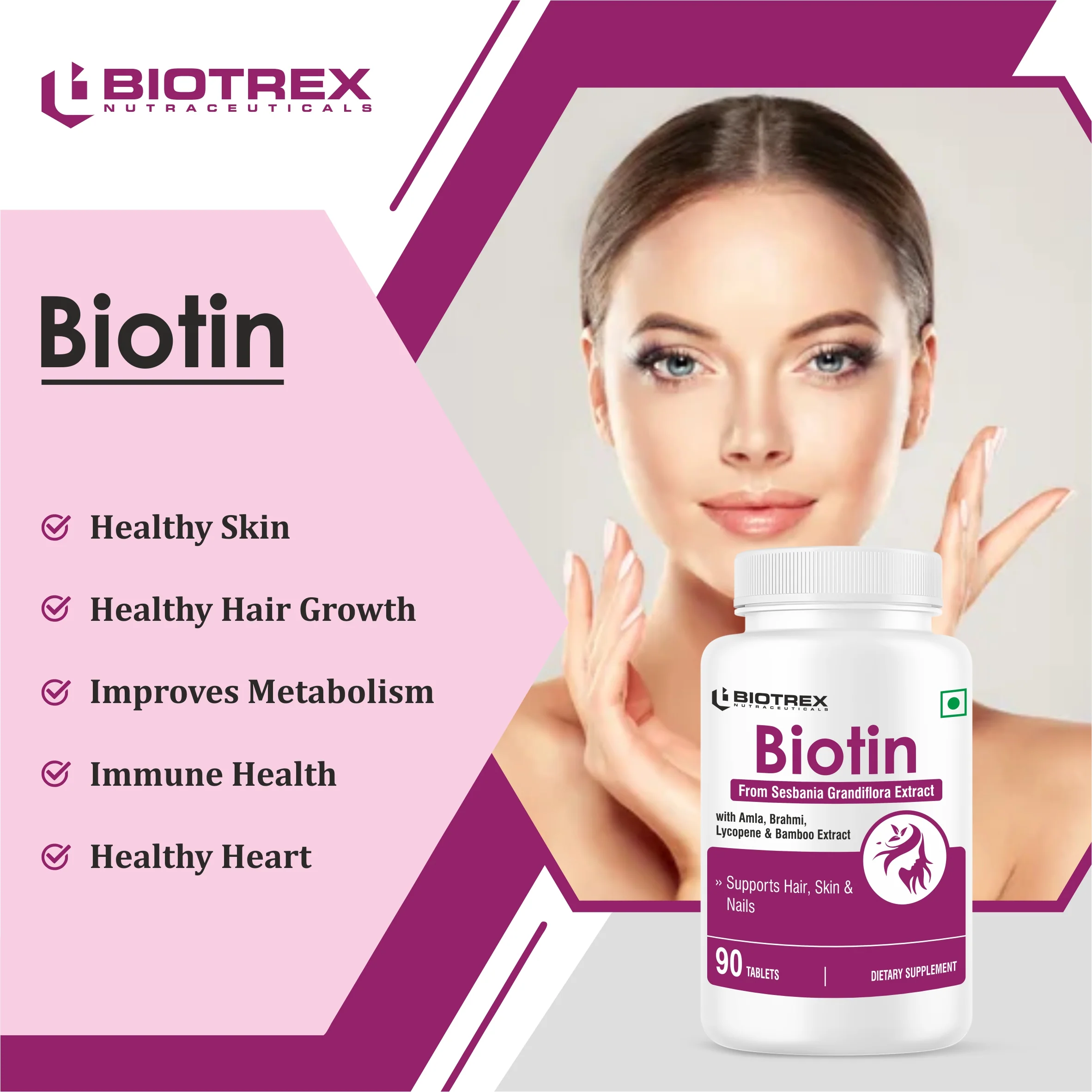 Biotrex Biotin Supplement For Hair, Skin & Nails, Enriched With Amla, Brahmi, Lycopene & Bamboo Extract - 90 Tablets - Image 5