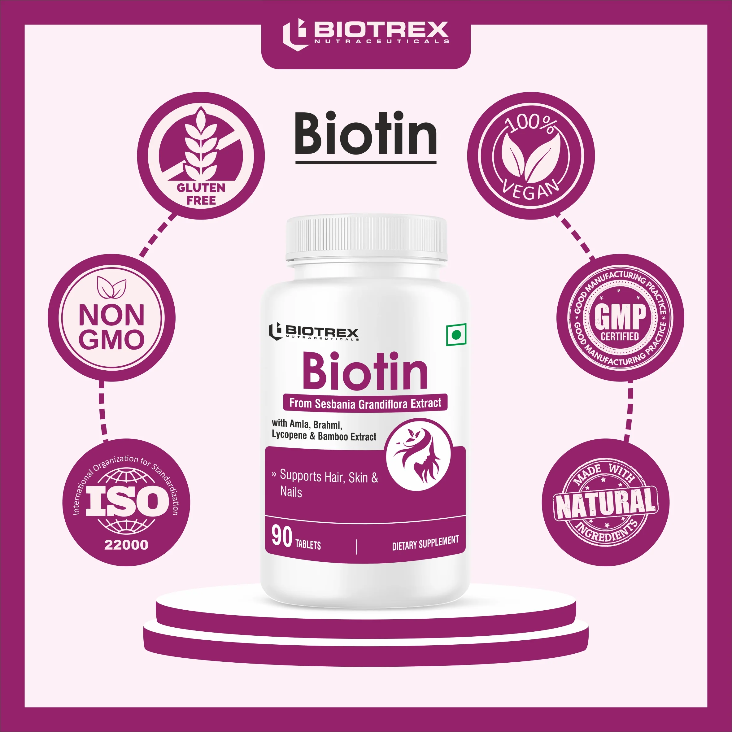 Biotrex Biotin Supplement For Hair, Skin & Nails, Enriched With Amla, Brahmi, Lycopene & Bamboo Extract - 90 Tablets - Image 7