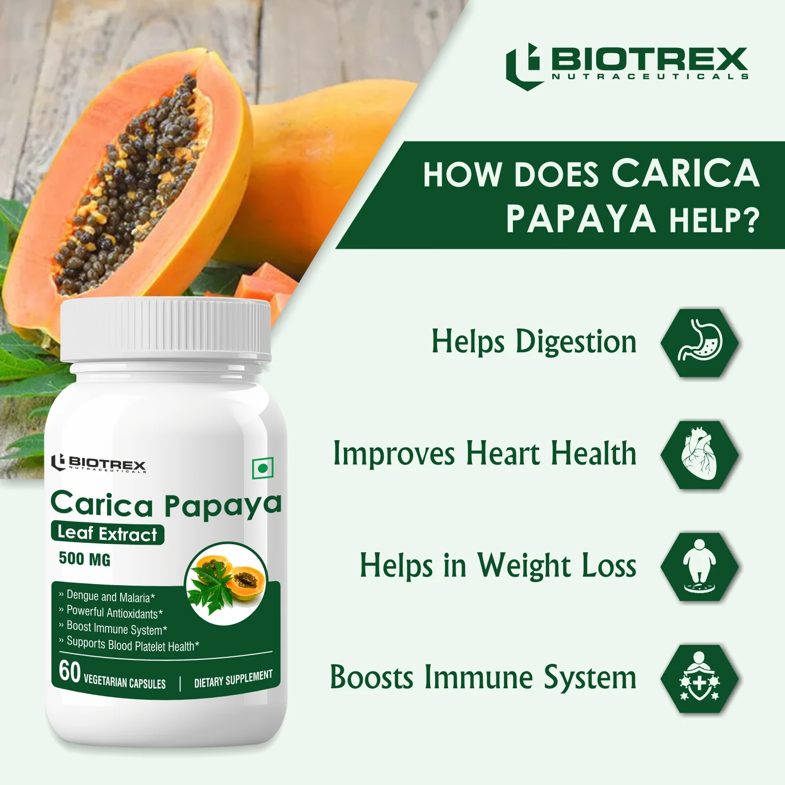 Biotrex Carica Papaya 500mg - 60 Capsules - Image 6