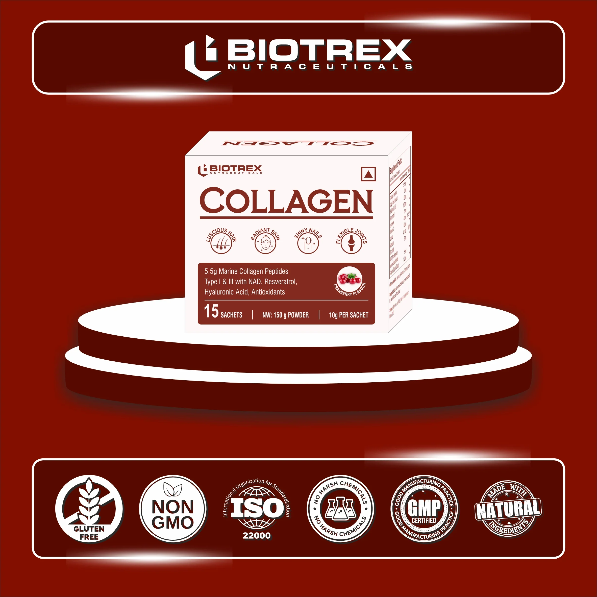 Biotrex Collagen Powder Supplement - 15 Sachets For Men & Women, Marine Collagen Powder Supports Healthy Skin, Luscious Hair, Flexible Joints, Shiny Nails, Cranberry Flavour - Image 6
