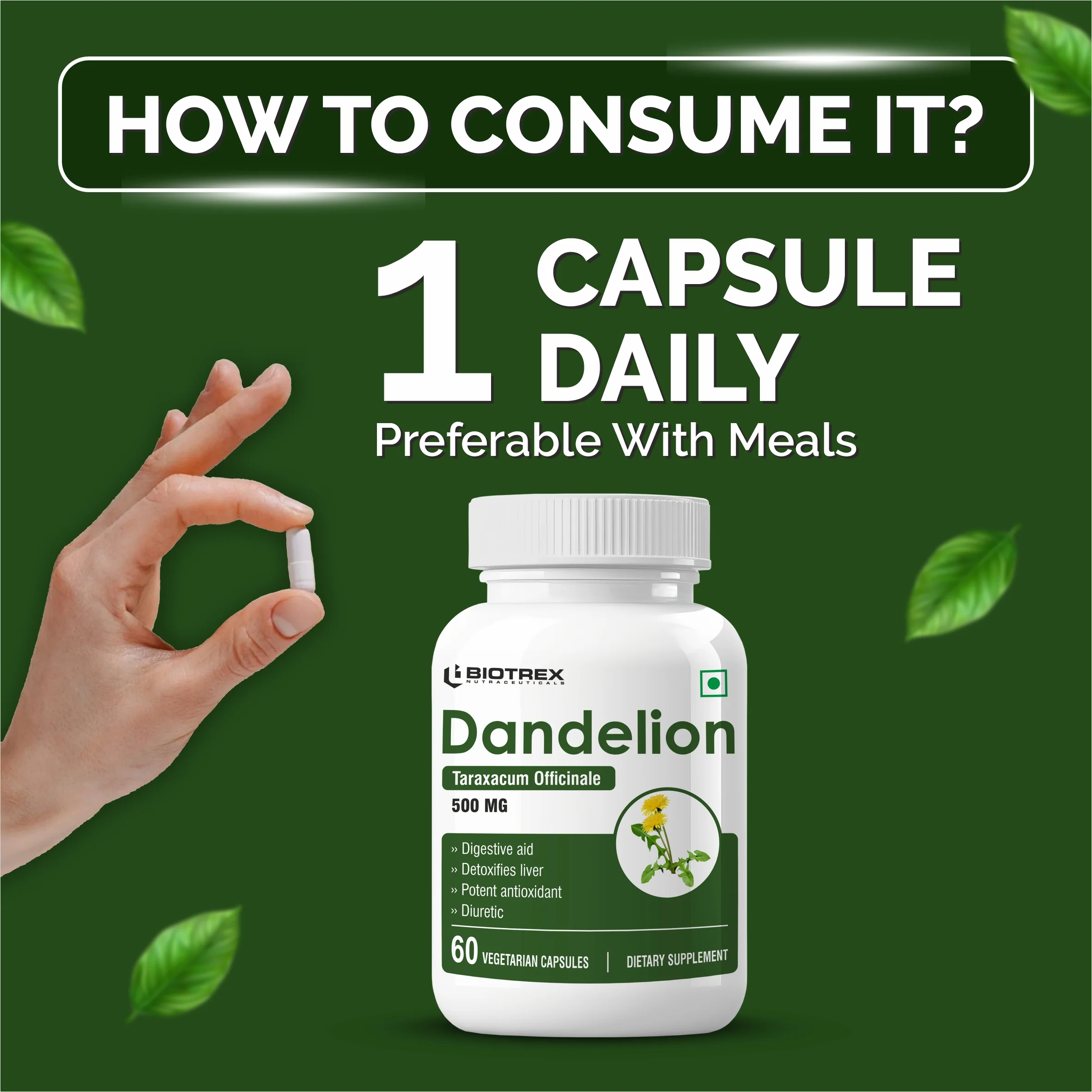 Biotrex Dandelion 500mg - 60 Capsules, Antioxidant, Detoxifies Liver, Digestive Aid - Image 4