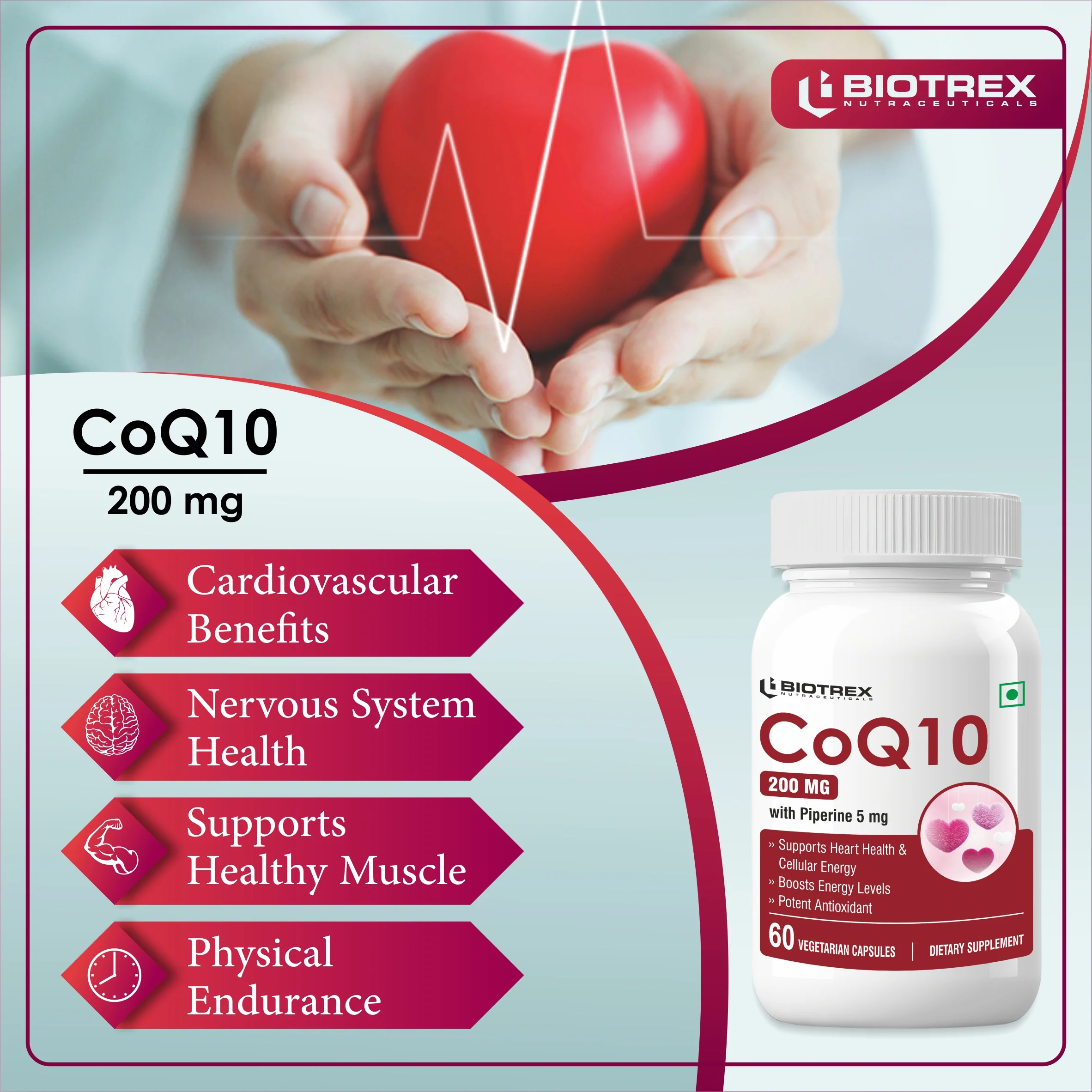 Biotrex High Bioavailabilty Coq10 200mg With 95% Purity Piperine 5mg (Coenzyme Q10) - 60 Vegetarian Capsules - Image 7