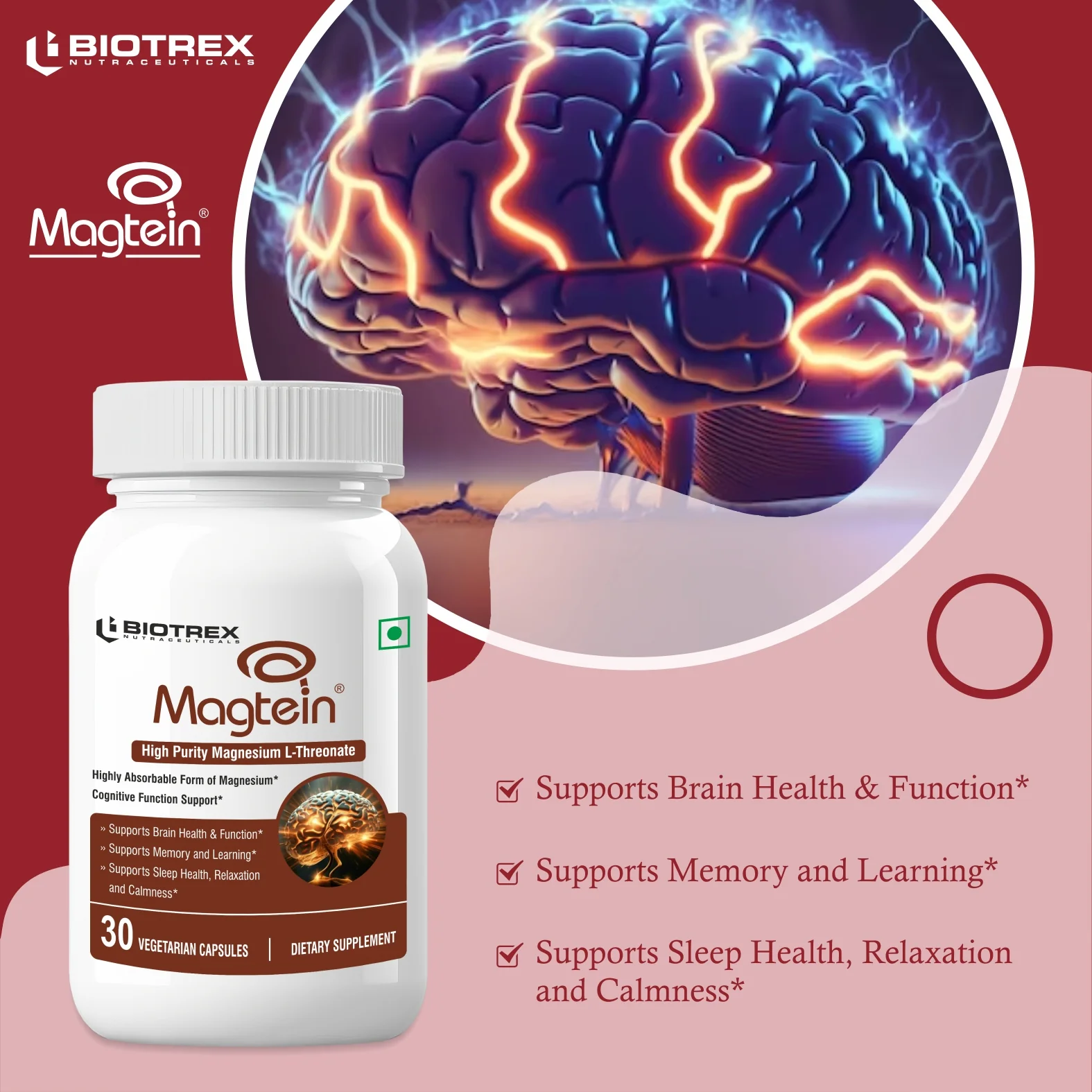 Biotrex Magtein Magnesium L-Threonate Supplement, Highly Bioavailable Form of Magnesium, Supports Sleep Health And Cognitive Function - 30 Veg Capsules - Image 5