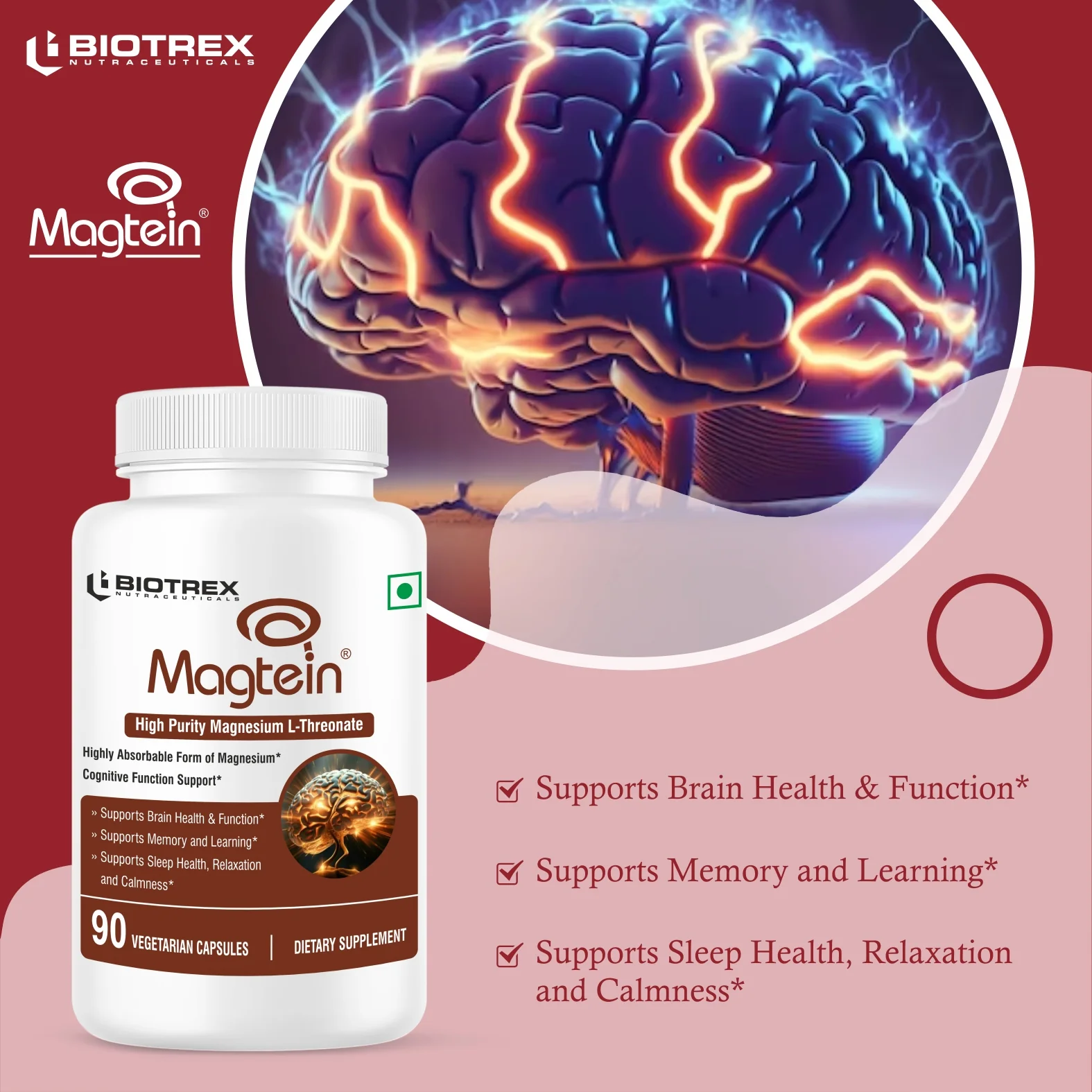 Biotrex Magtein Magnesium L-Threonate Supplement, Highly Bioavailable Form of Magnesium, Supports Sleep Health And Cognitive Function - 90 Veg Capsules - Image 5