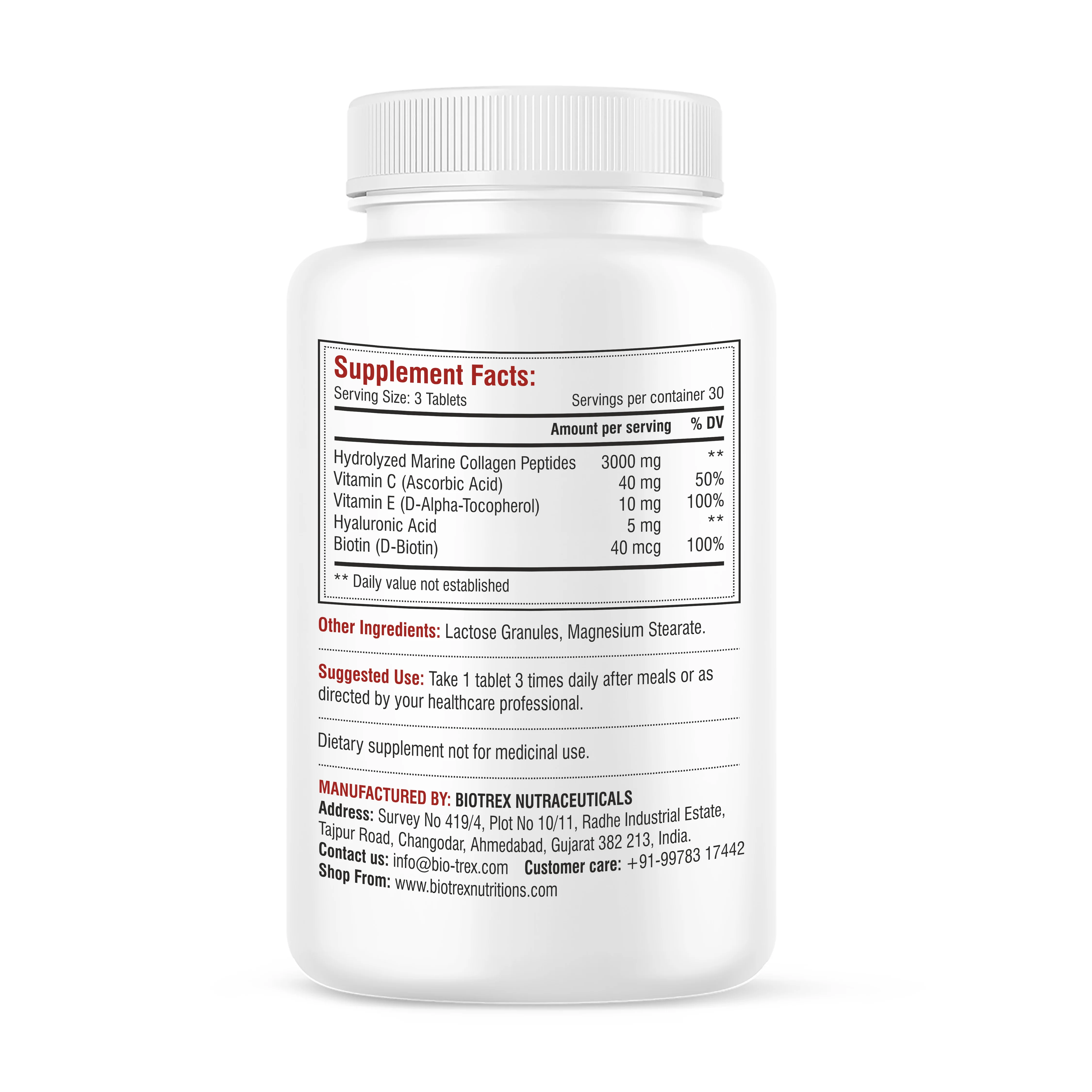 Biotrex Marine Collagen 3000mg Peptides With Biotin, Hyaluronic Acid, Vitamin C & E, Type 1 Marine Collagen, Healthy Hair, Skin, Nails, For Men & Women - 90 Tablets - Image 2