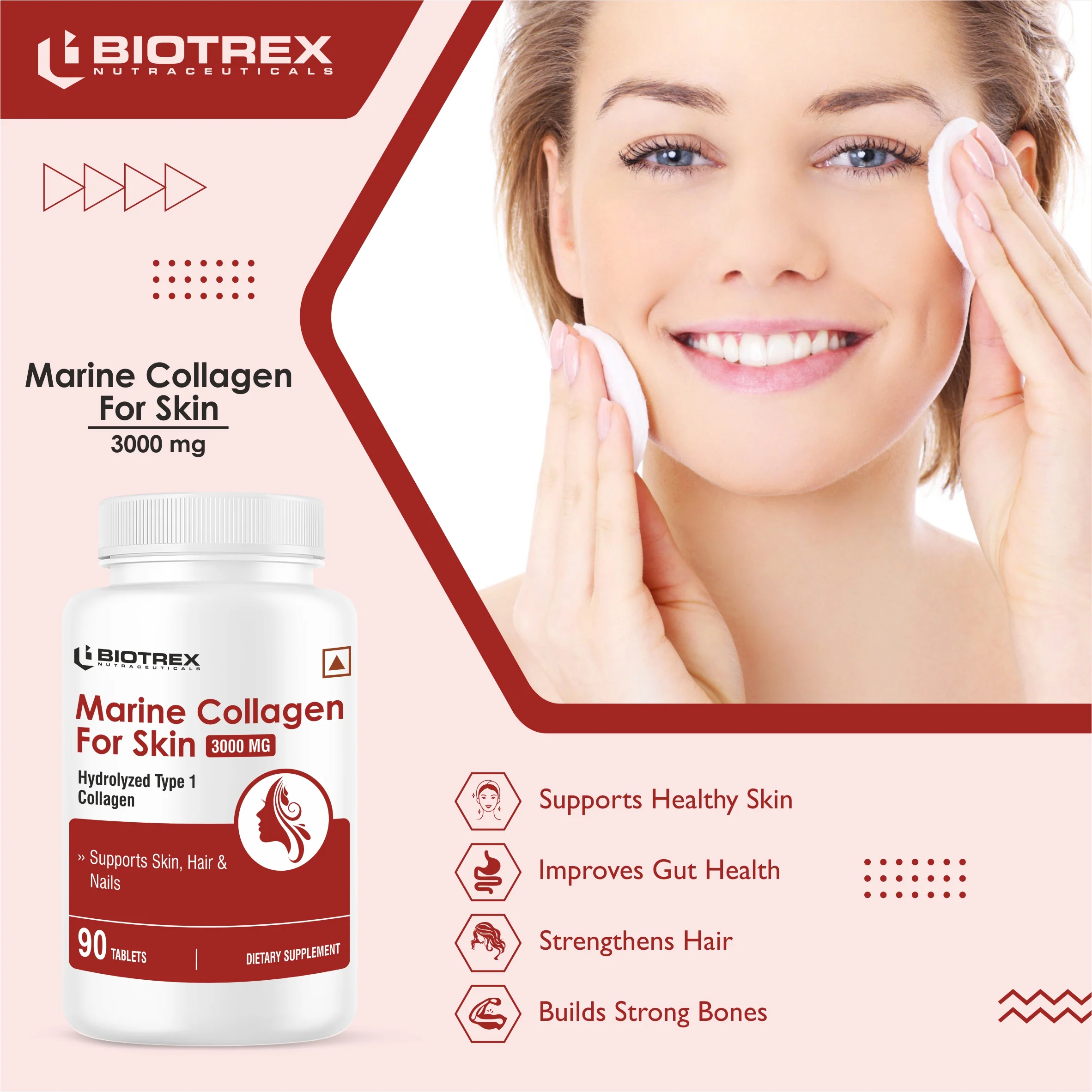 Biotrex Marine Collagen 3000mg Peptides With Biotin, Hyaluronic Acid, Vitamin C & E, Type 1 Marine Collagen, Healthy Hair, Skin, Nails, For Men & Women - 90 Tablets - Image 5