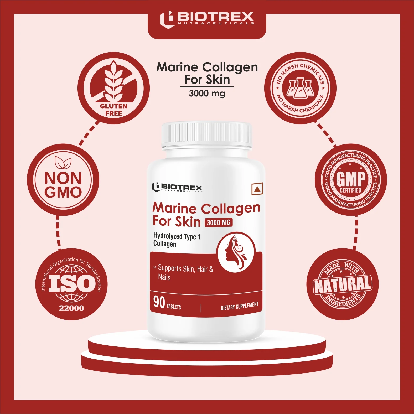 Biotrex Marine Collagen 3000mg Peptides With Biotin, Hyaluronic Acid, Vitamin C & E, Type 1 Marine Collagen, Healthy Hair, Skin, Nails, For Men & Women - 90 Tablets - Image 7
