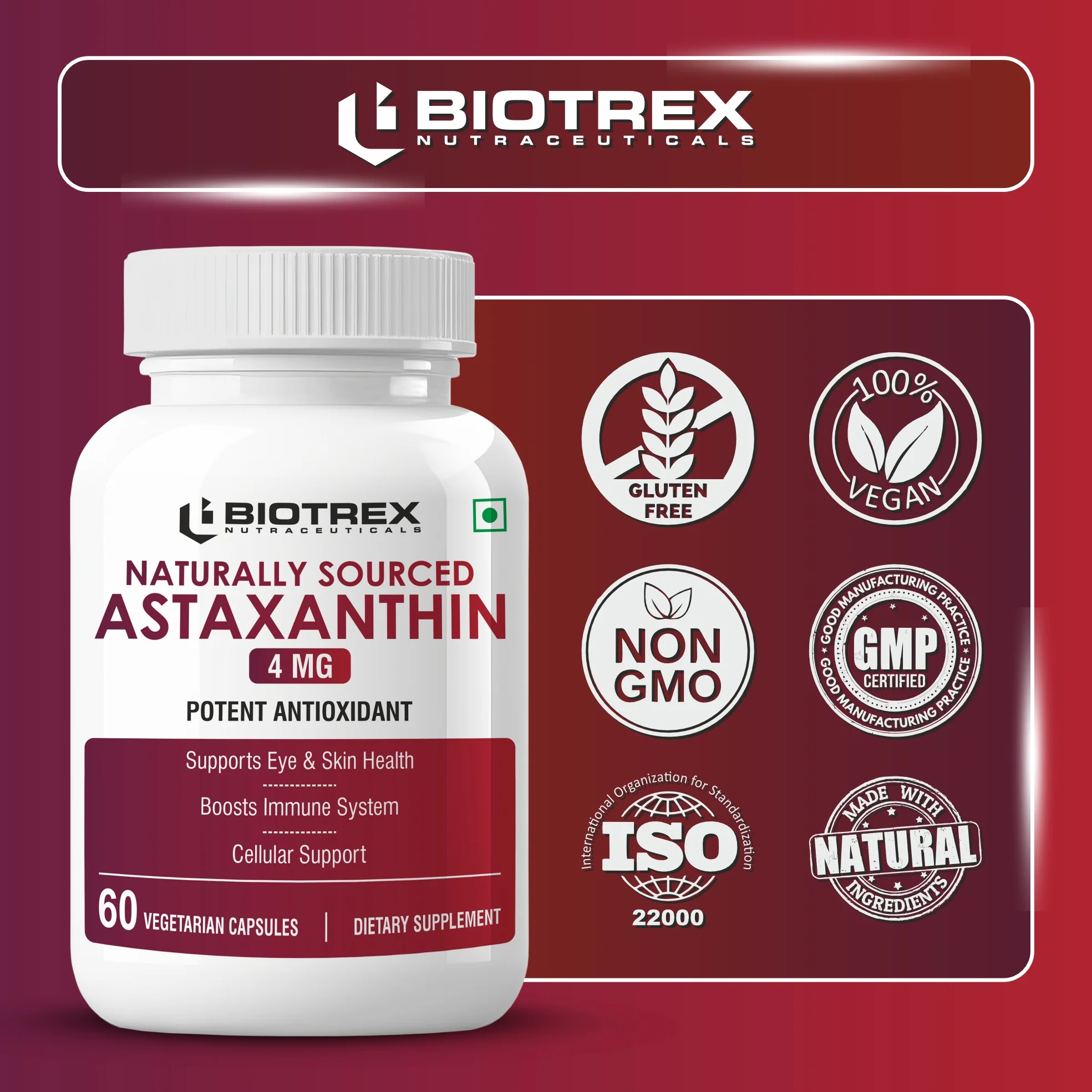 Biotrex Nutraceuticals Astaxanthin 4mg | Supports Eye & Skin Health I Boosts Immune System | Cellular Support | Naturally Sourced - 60 Veg Capsules - Image 5