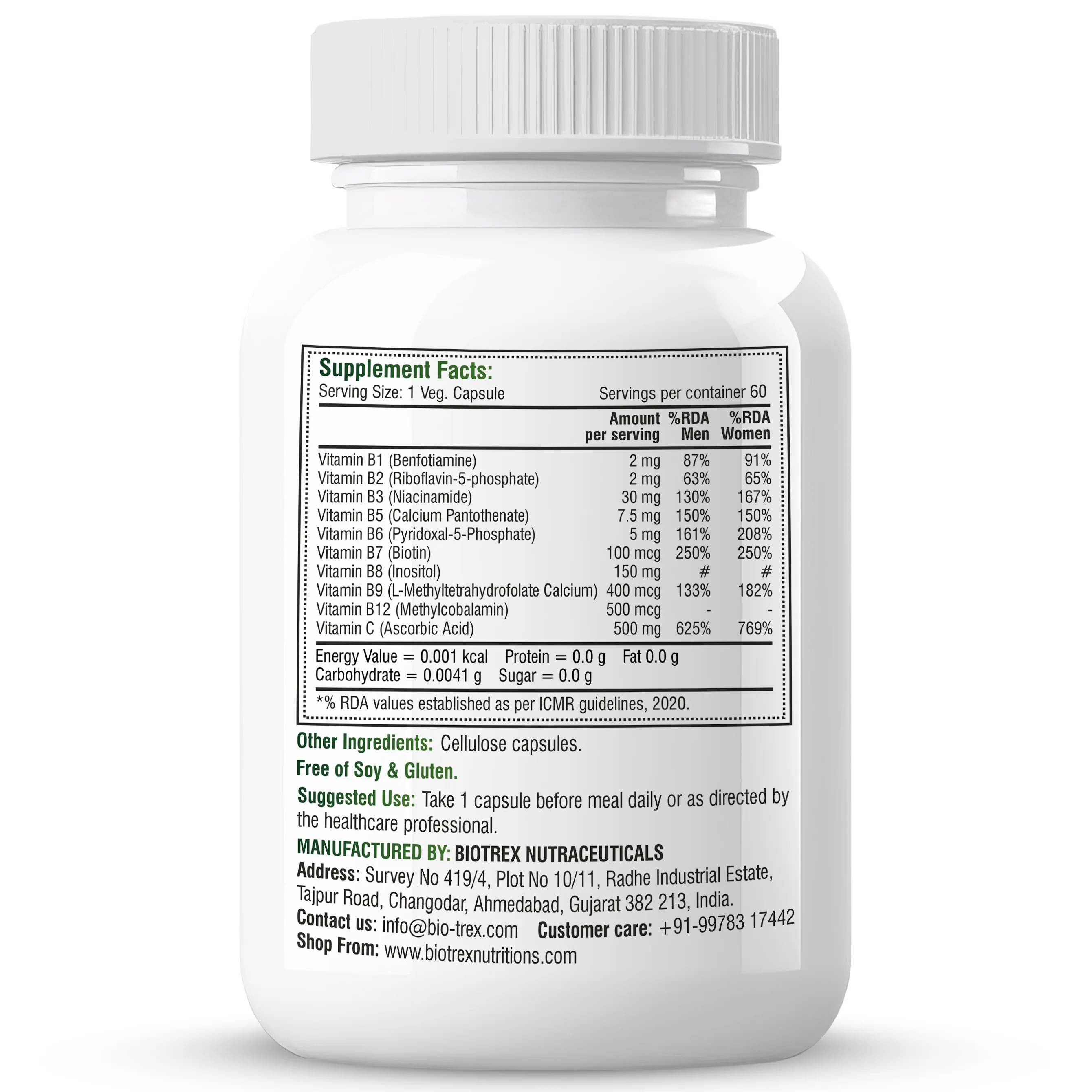 Biotrex Nutraceuticals B Complex Supplement Vitamin B1, B2, B3, B5, B6, B7, B8, B9, B12 & Vitamin C | 100% RDA | Supports Immune System | Hair, Skin & Nails Health | Daily | Brain & Nerve Support - 60 Veg Capsules - Image 7