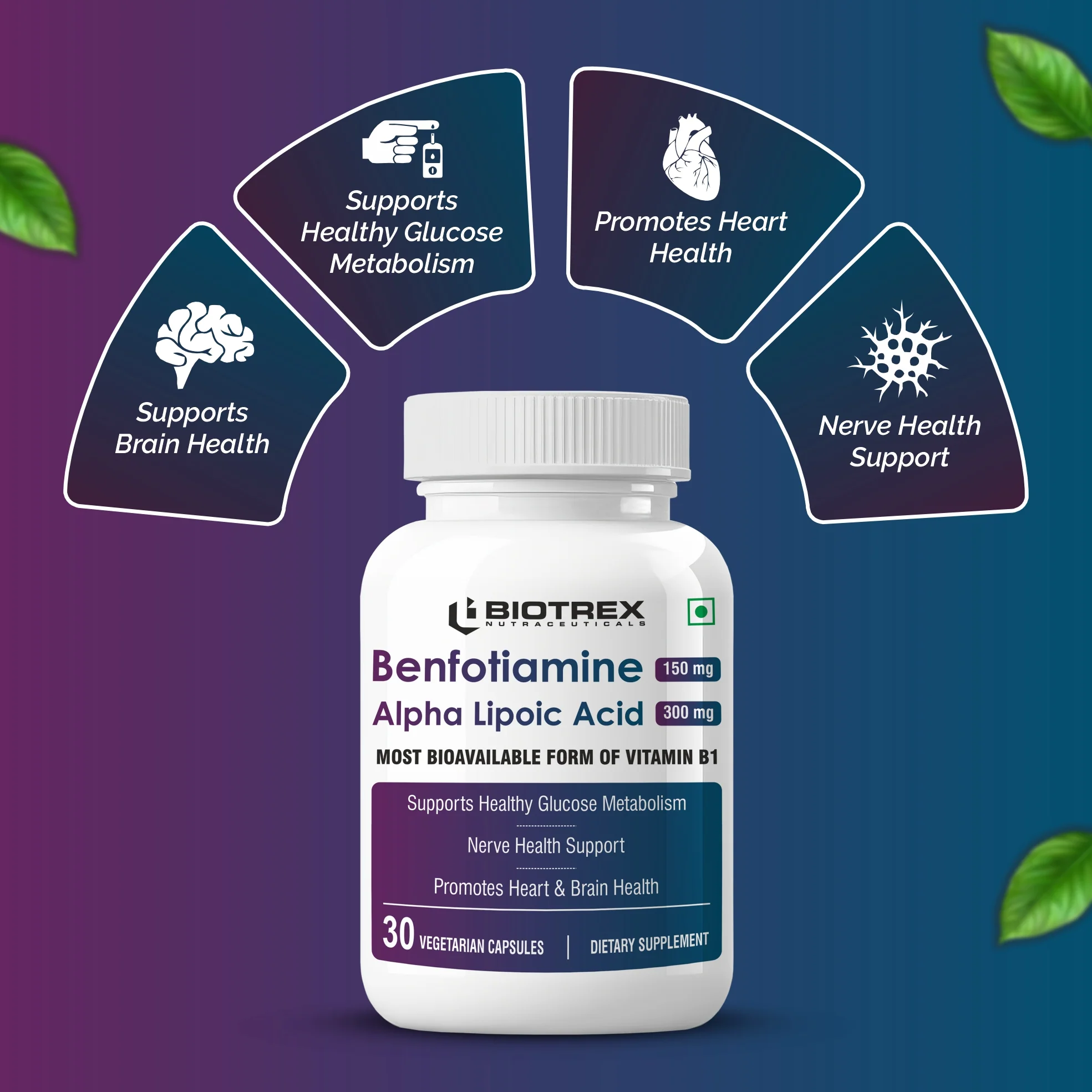 Biotrex Nutraceuticals Benfotiamine 150mg, Alpha Lipoic Acid 300mg With Leucine | Glucose Balance & Metabolic Response | Brain, Heart & Nerve Health | Most Bioavailable Vitamin B1-30 Veg Capsules - Image 3