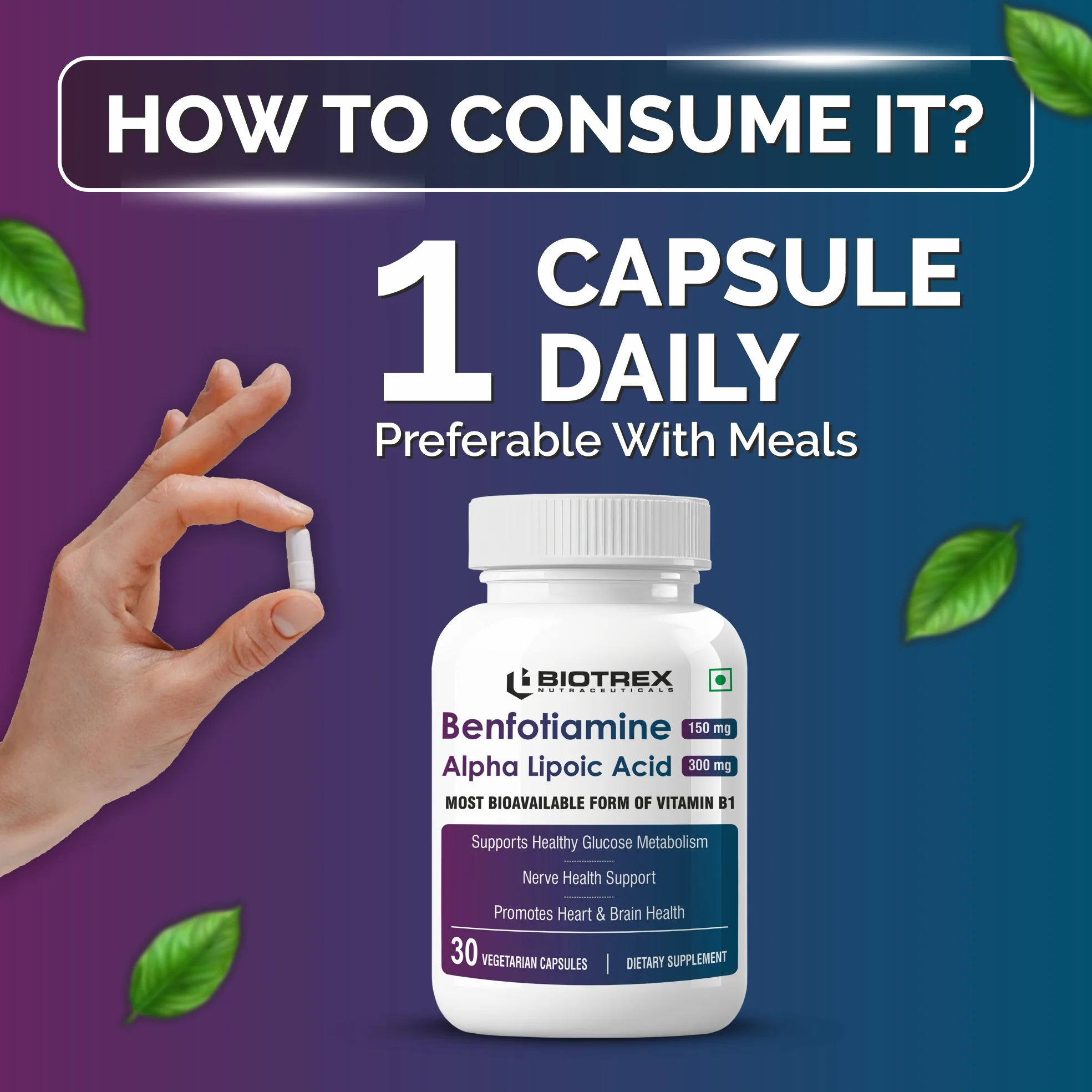 Biotrex Nutraceuticals Benfotiamine 150mg, Alpha Lipoic Acid 300mg With Leucine | Glucose Balance & Metabolic Response | Brain, Heart & Nerve Health | Most Bioavailable Vitamin B1-30 Veg Capsules - Image 4