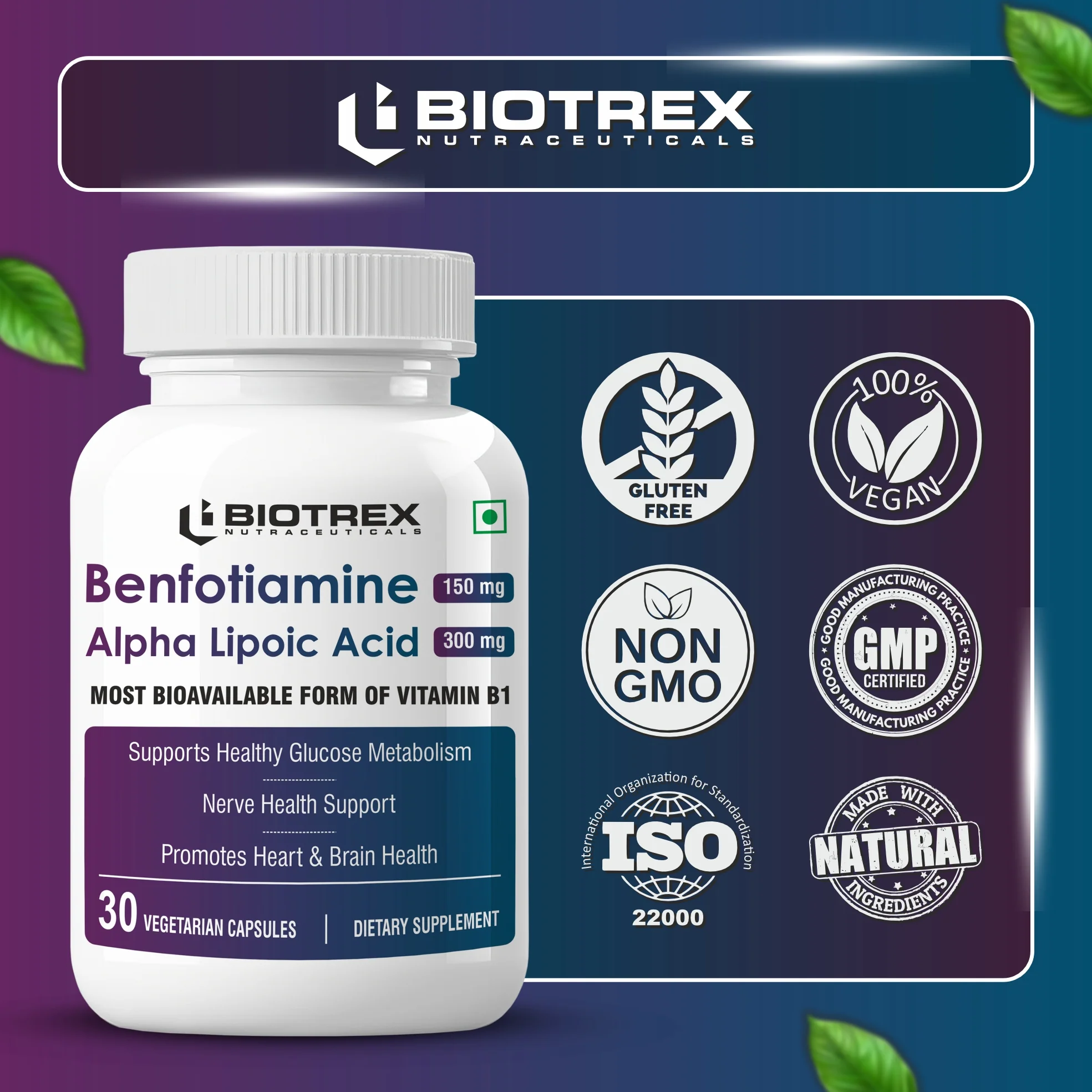 Biotrex Nutraceuticals Benfotiamine 150mg, Alpha Lipoic Acid 300mg With Leucine | Glucose Balance & Metabolic Response | Brain, Heart & Nerve Health | Most Bioavailable Vitamin B1-30 Veg Capsules - Image 5
