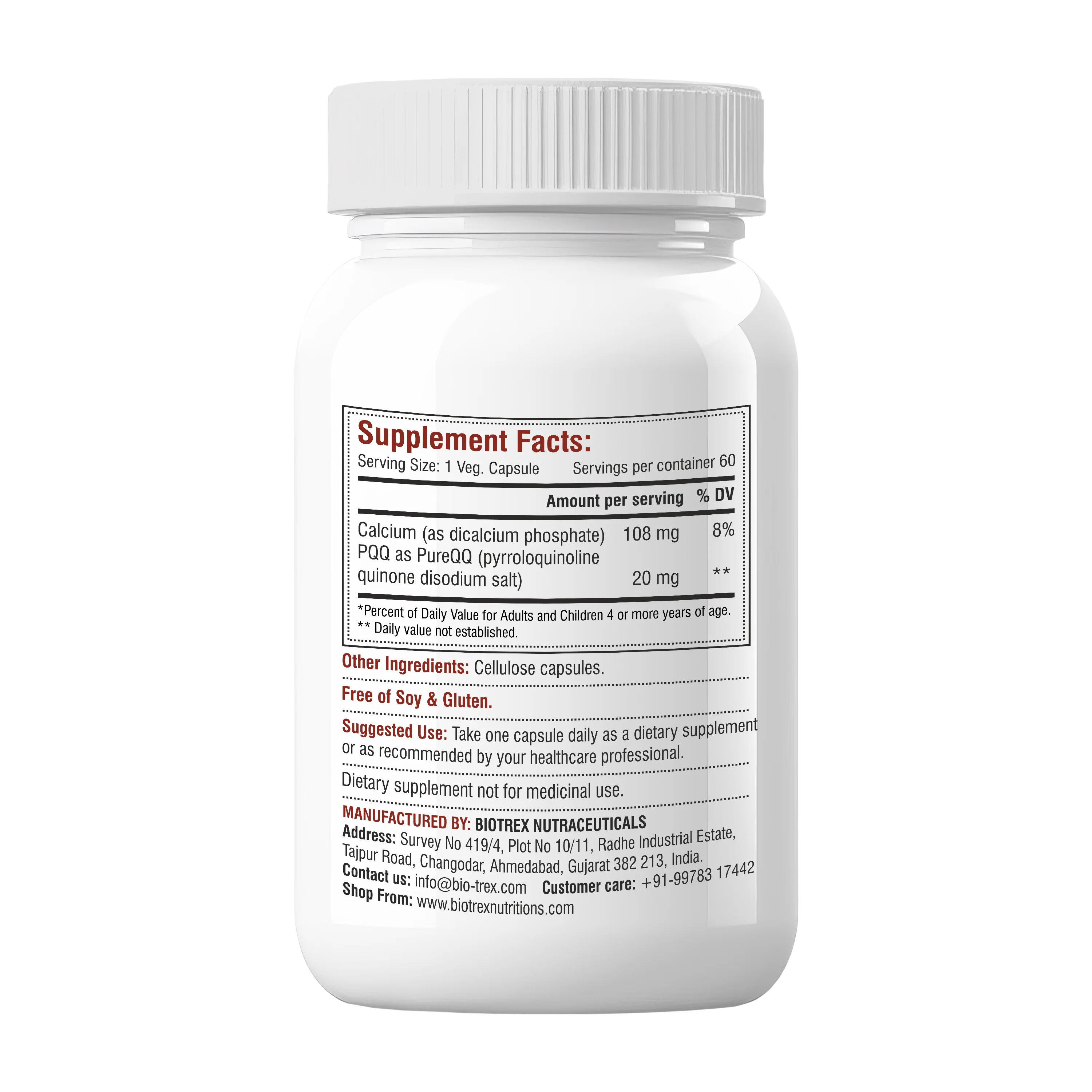 Biotrex Bio Pqq 20mg With Calcium Supplement - 60 Veg Capsules, pqq as (pyrroloquinoline Quinone disodium salt) - Image 2