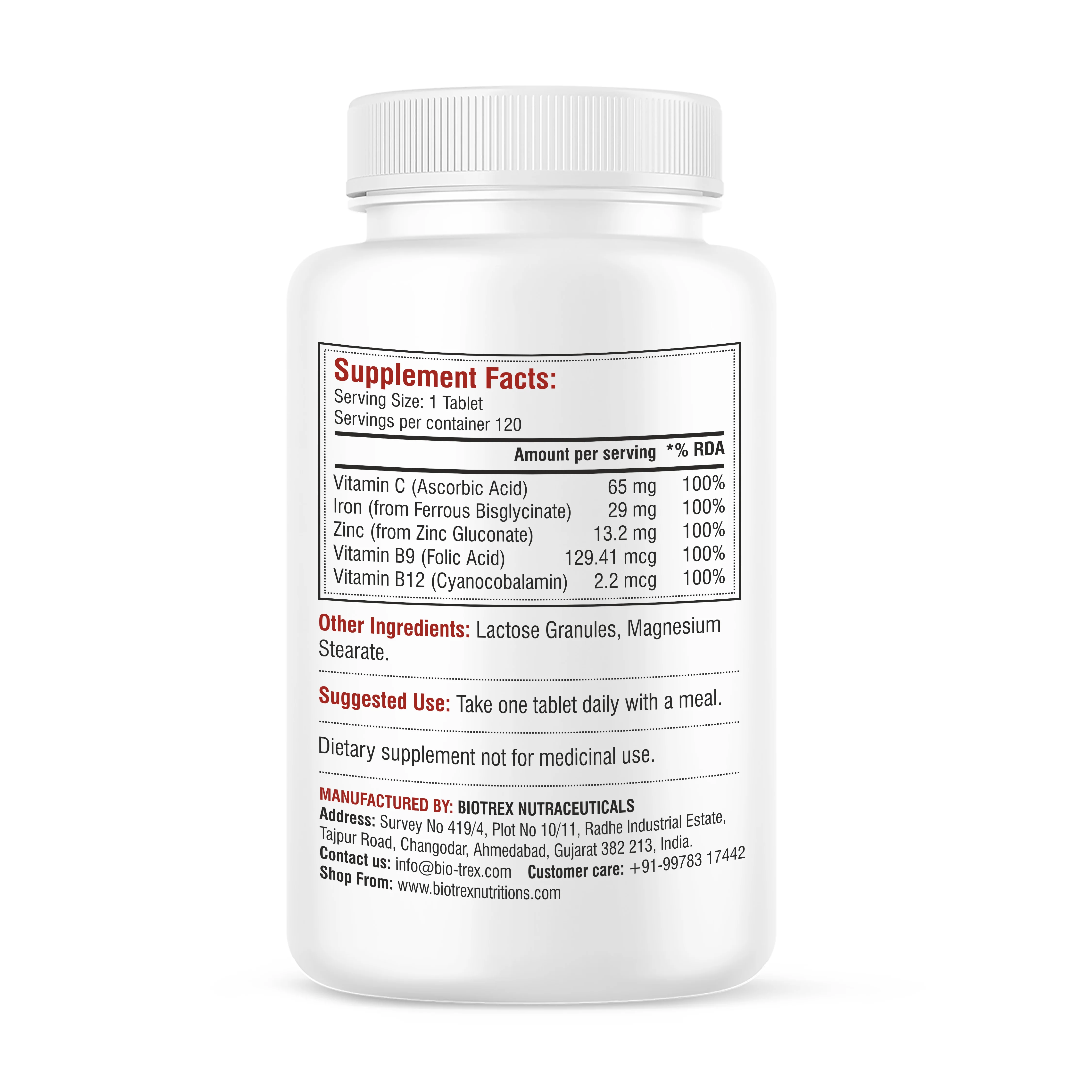 Biotrex Chelated Iron + Vitamin C, B12, Folic Acid & Zinc, Boost Hemoglobin Levels & Improves Concentration Levels, Energy & Blood Building - 120 Vegetarian Tablets - Image 2