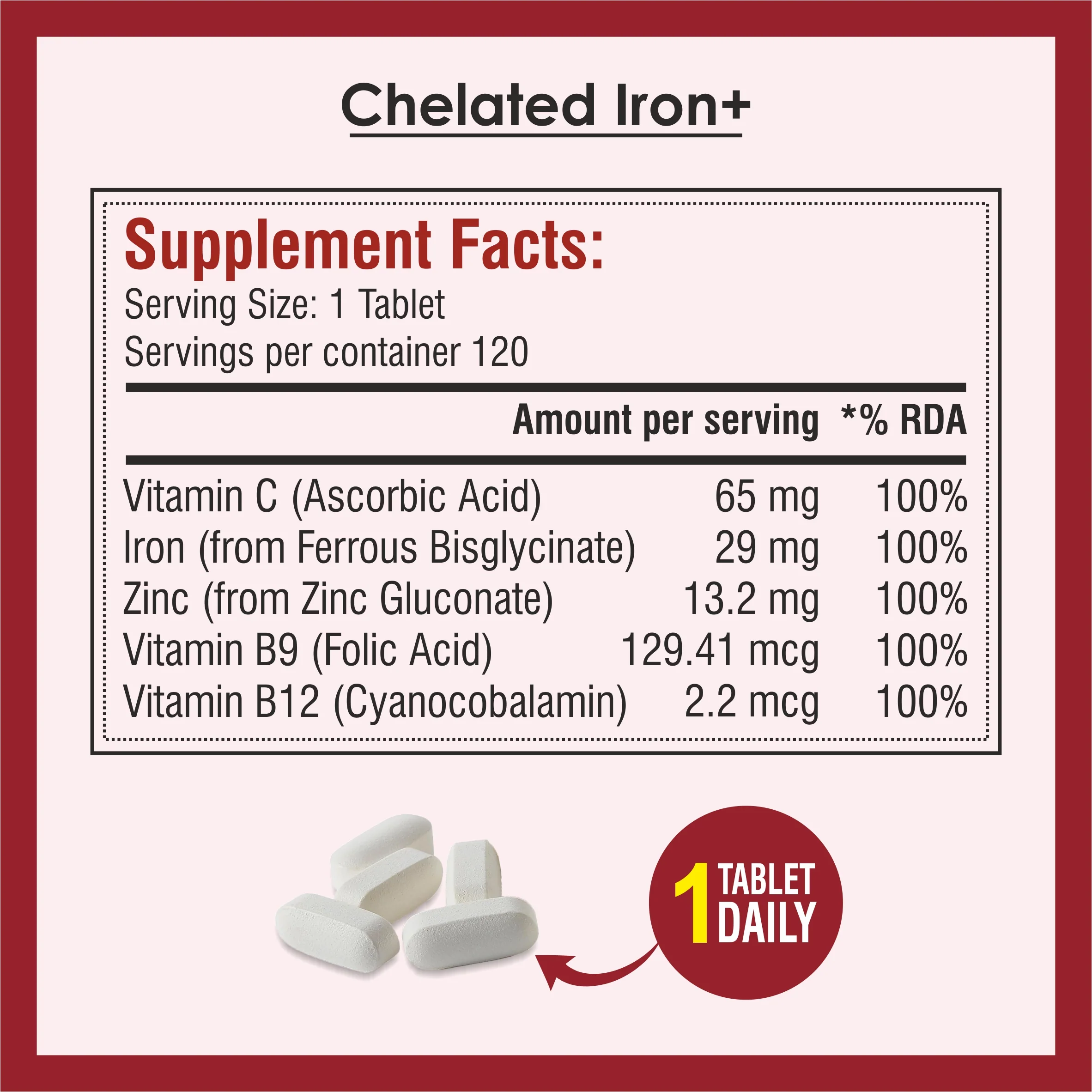 Biotrex Chelated Iron + Vitamin C, B12, Folic Acid & Zinc, Boost Hemoglobin Levels & Improves Concentration Levels, Energy & Blood Building - 120 Vegetarian Tablets - Image 4