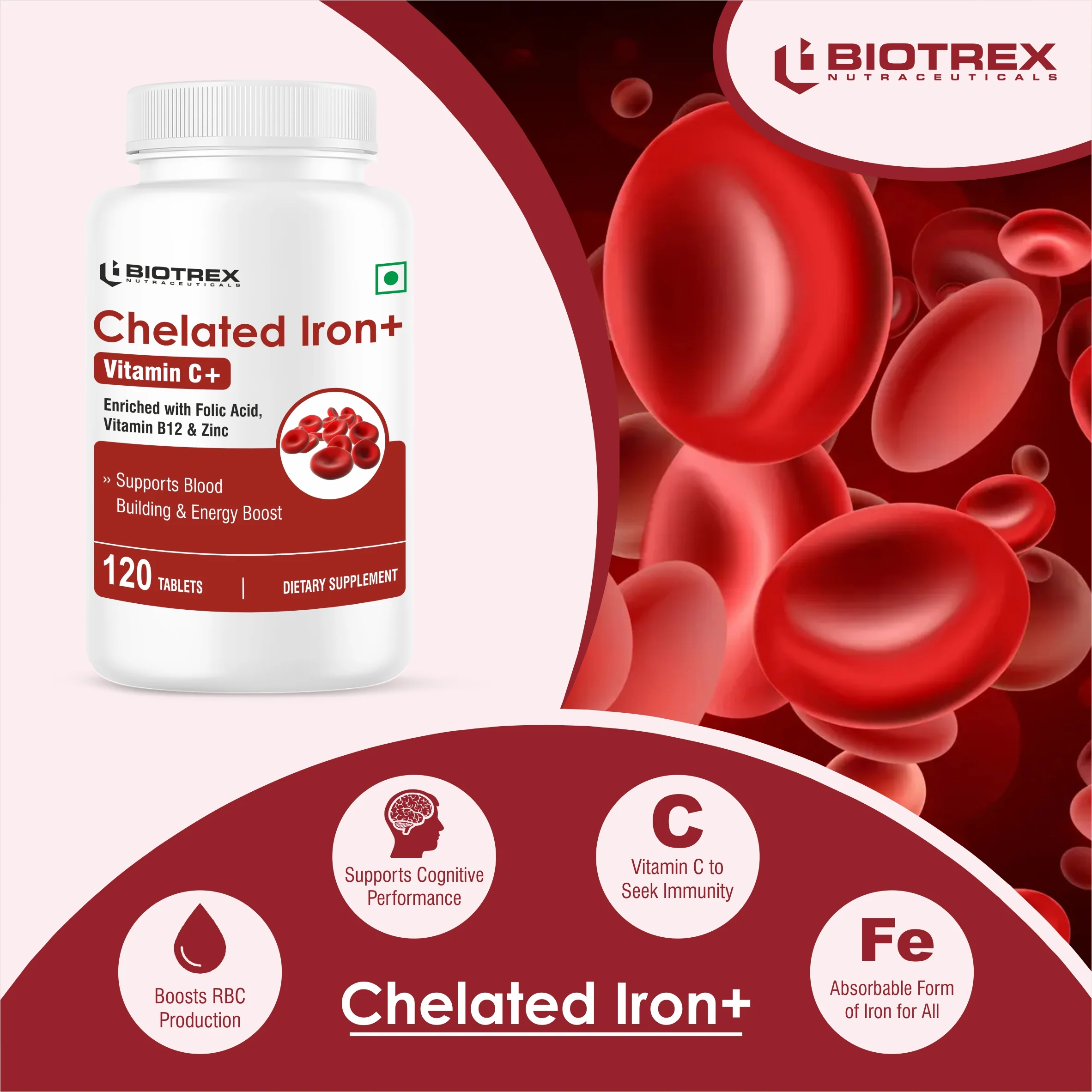 Biotrex Chelated Iron + Vitamin C, B12, Folic Acid & Zinc, Boost Hemoglobin Levels & Improves Concentration Levels, Energy & Blood Building - 120 Vegetarian Tablets - Image 5