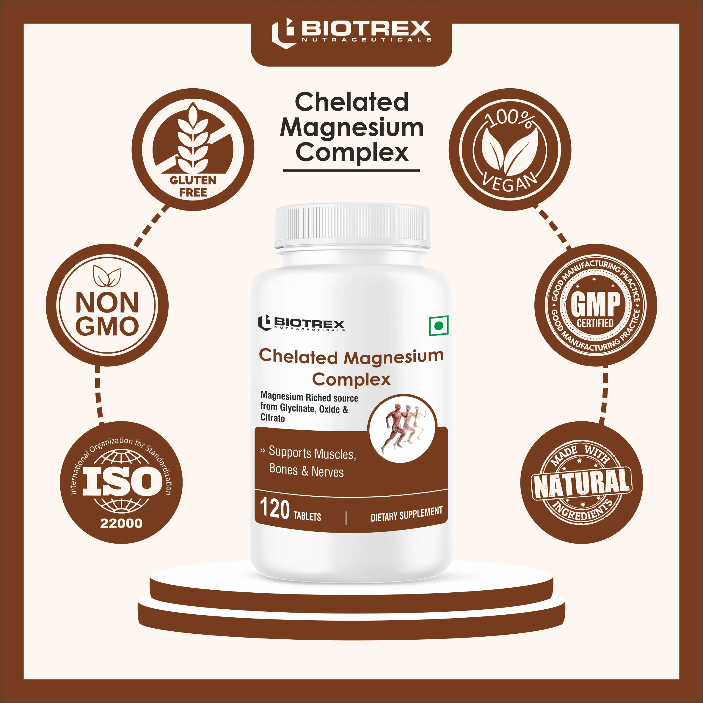 Biotrex Chelated Magnesium Complex, Magnesium Riched Source From Glycinate, Oxide & Citrate, Supports Bone, Muscle & Nerves Health - 120 Vegetarian Tablets - Image 7