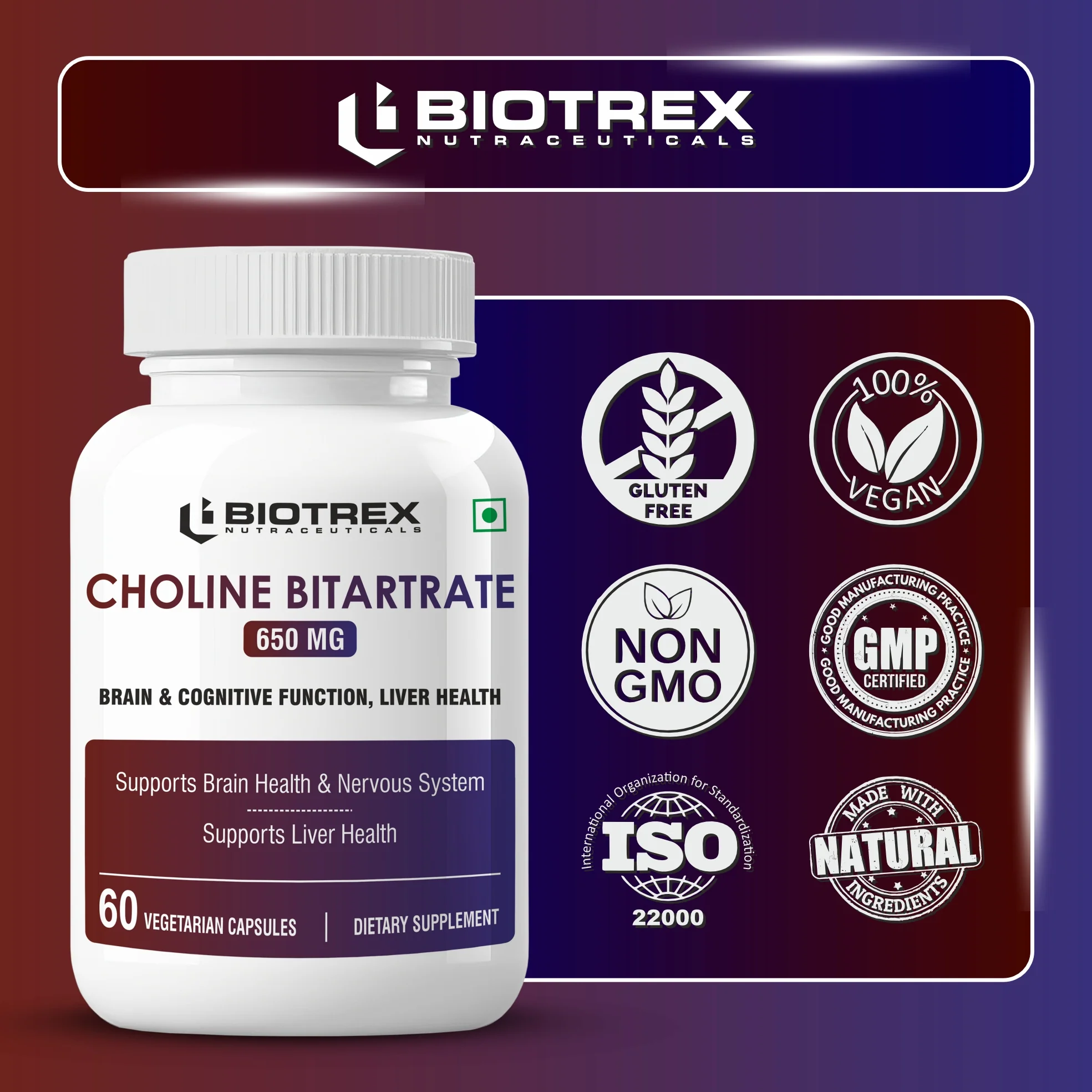 Biotrex Nutraceuticals Choline Bitartrate 650mg Supplement | High Purity Grade | Healthy Brain, Liver, Heart, Nervous System & Cognitive Function - 60 Veg Capsules - Image 5