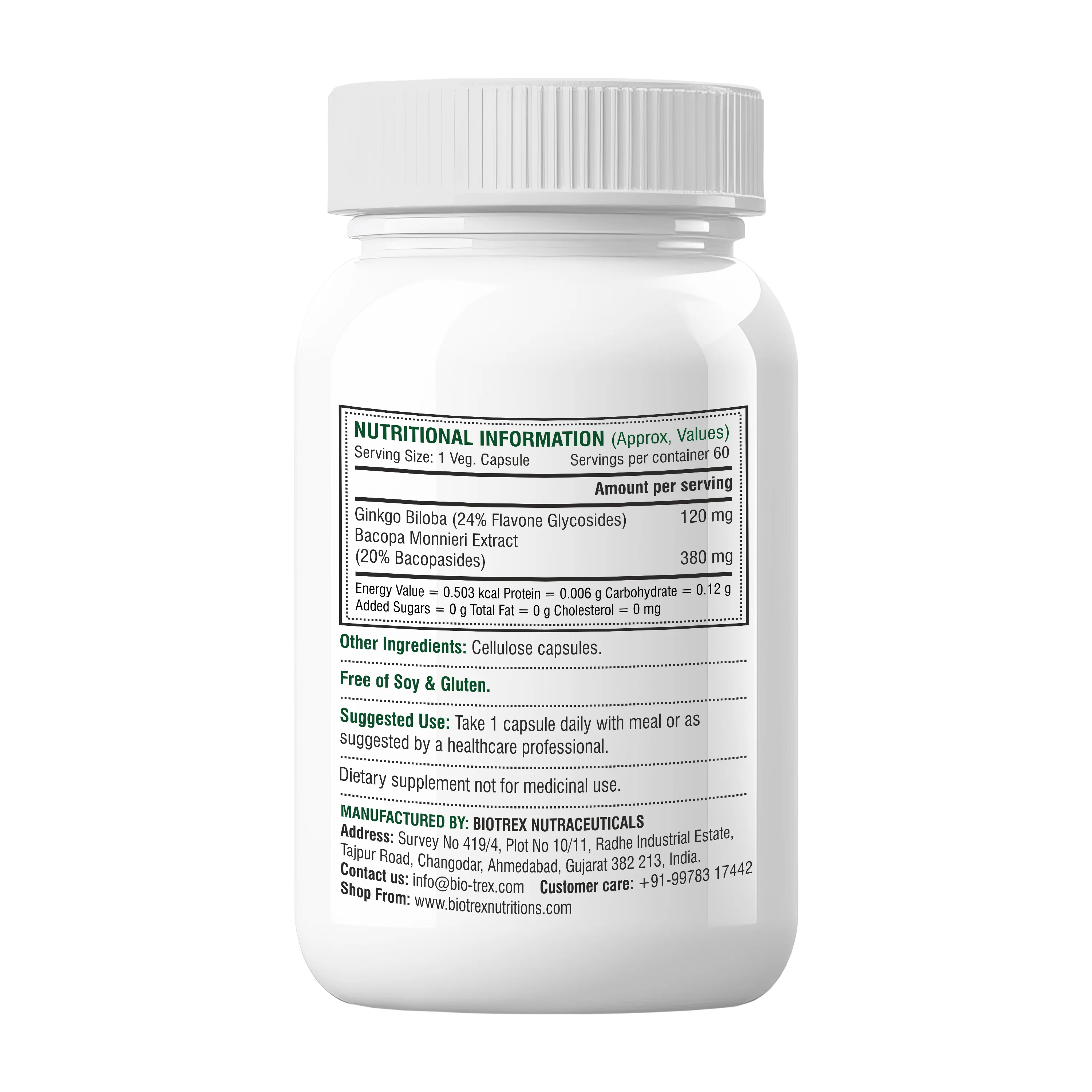 Biotrex Ginkgo Biloba With Brahmi 500mg, Supports Memory & Better Concentration, Healthy Blood Circulation, 24% Flavone Glycosides - 60 Vegetarian Capsules - Image 2