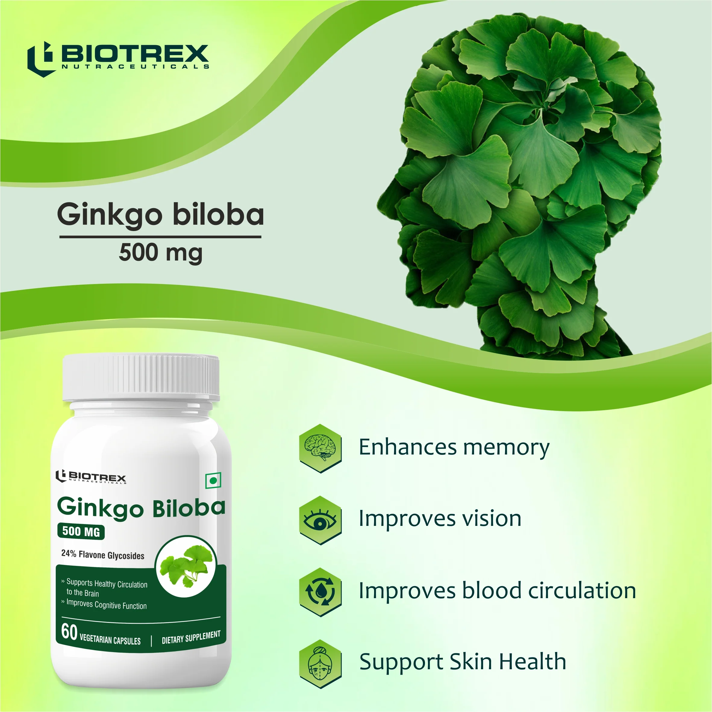 Biotrex Ginkgo Biloba With Brahmi 500mg, Supports Memory & Better Concentration, Healthy Blood Circulation, 24% Flavone Glycosides - 60 Vegetarian Capsules - Image 5