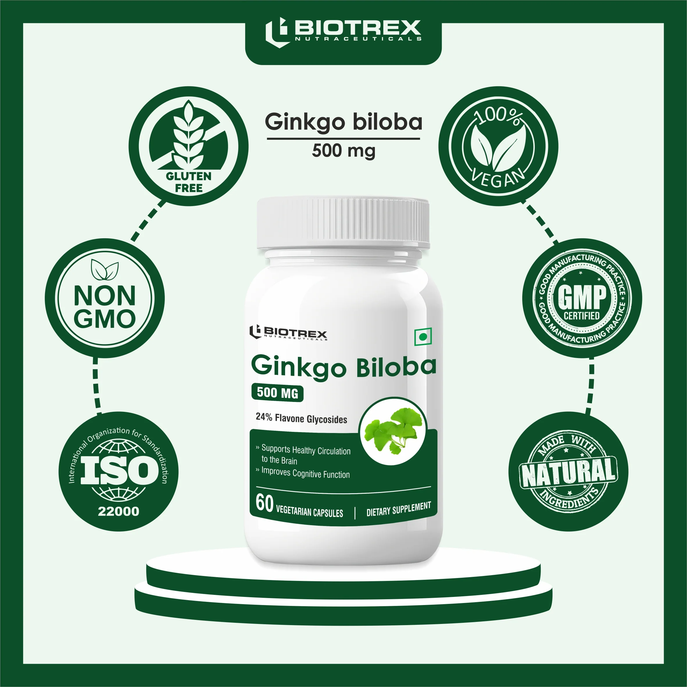 Biotrex Ginkgo Biloba With Brahmi 500mg, Supports Memory & Better Concentration, Healthy Blood Circulation, 24% Flavone Glycosides - 60 Vegetarian Capsules - Image 7