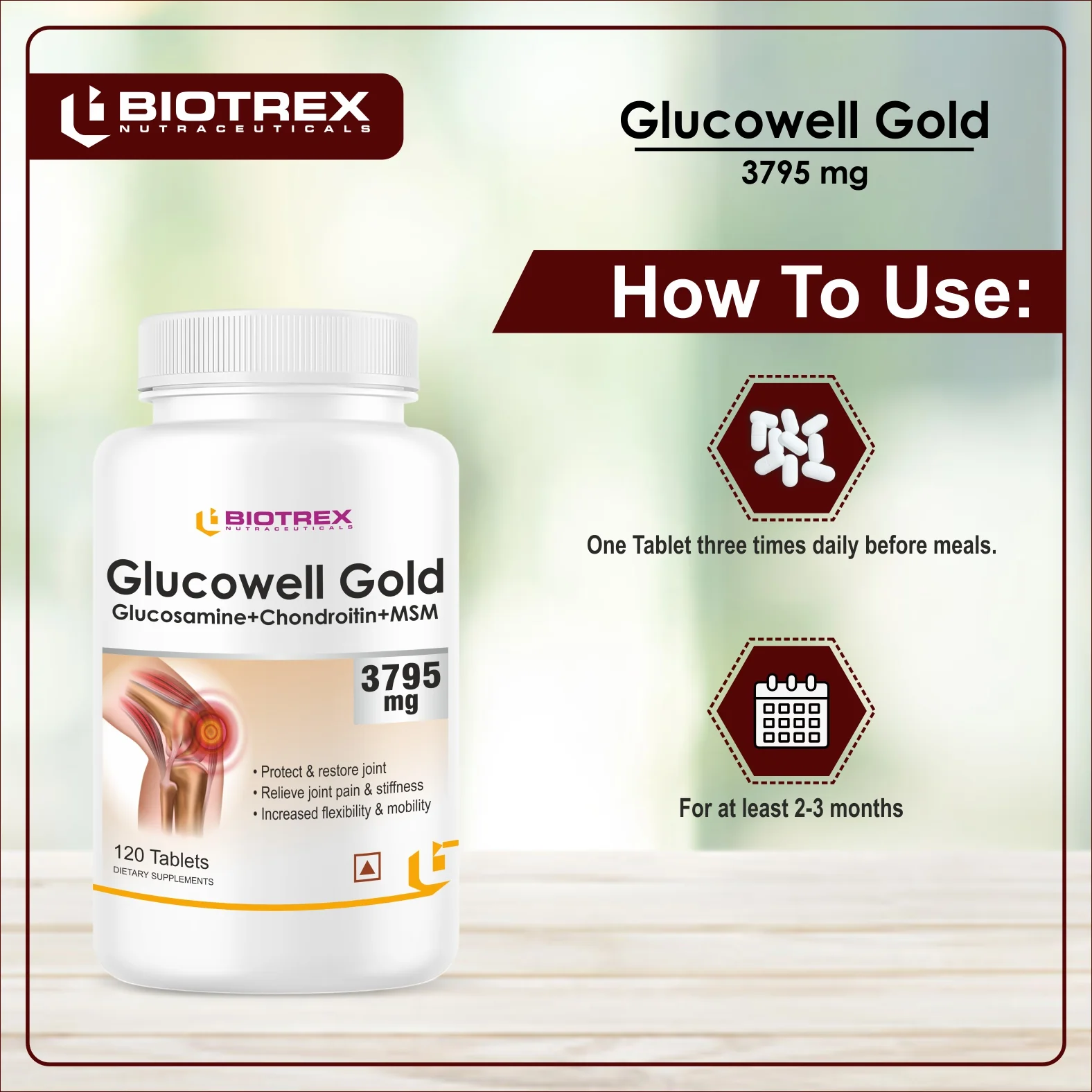Biotrex Glucowell GOLD Glucosamine+ Chondroitin + MSM 3795mg - Maximum strength of Glucosamine with MSM (120 Tablets) - Image 3