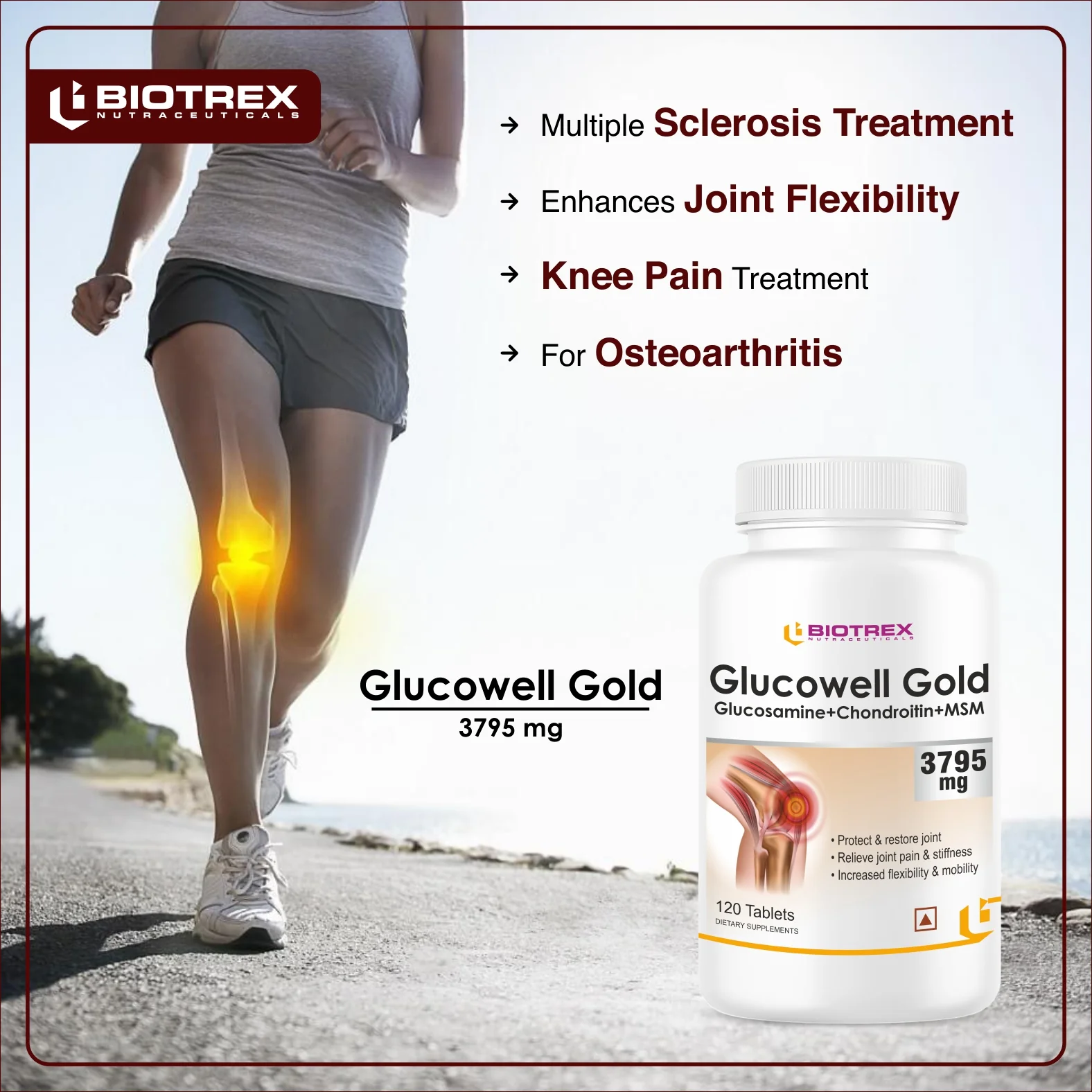 Biotrex Glucowell GOLD Glucosamine+ Chondroitin + MSM 3795mg - Maximum strength of Glucosamine with MSM (120 Tablets) - Image 4