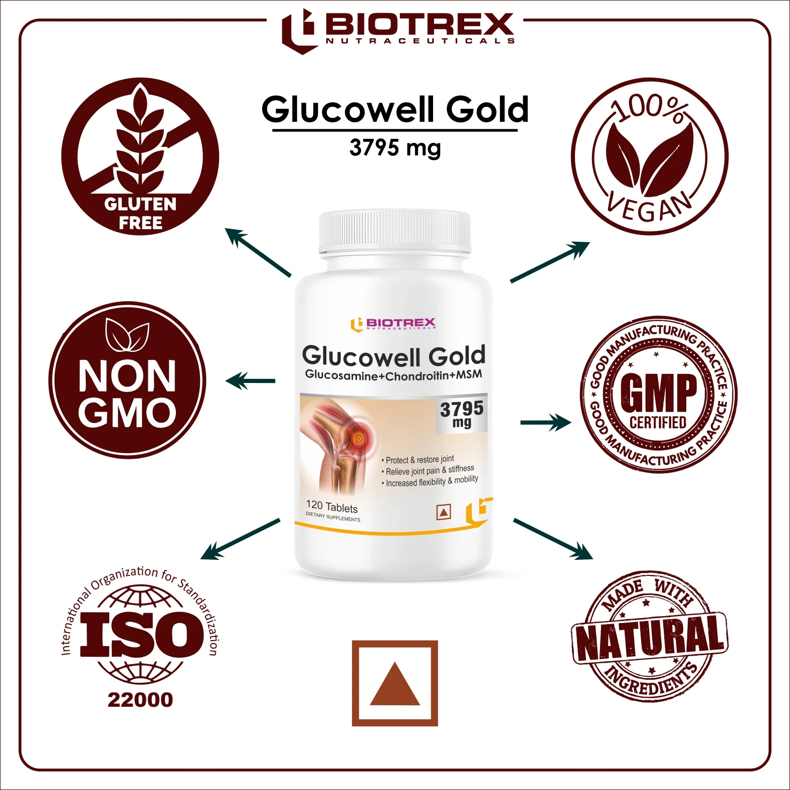 Biotrex Glucowell GOLD Glucosamine+ Chondroitin + MSM 3795mg - Maximum strength of Glucosamine with MSM (120 Tablets) - Image 5
