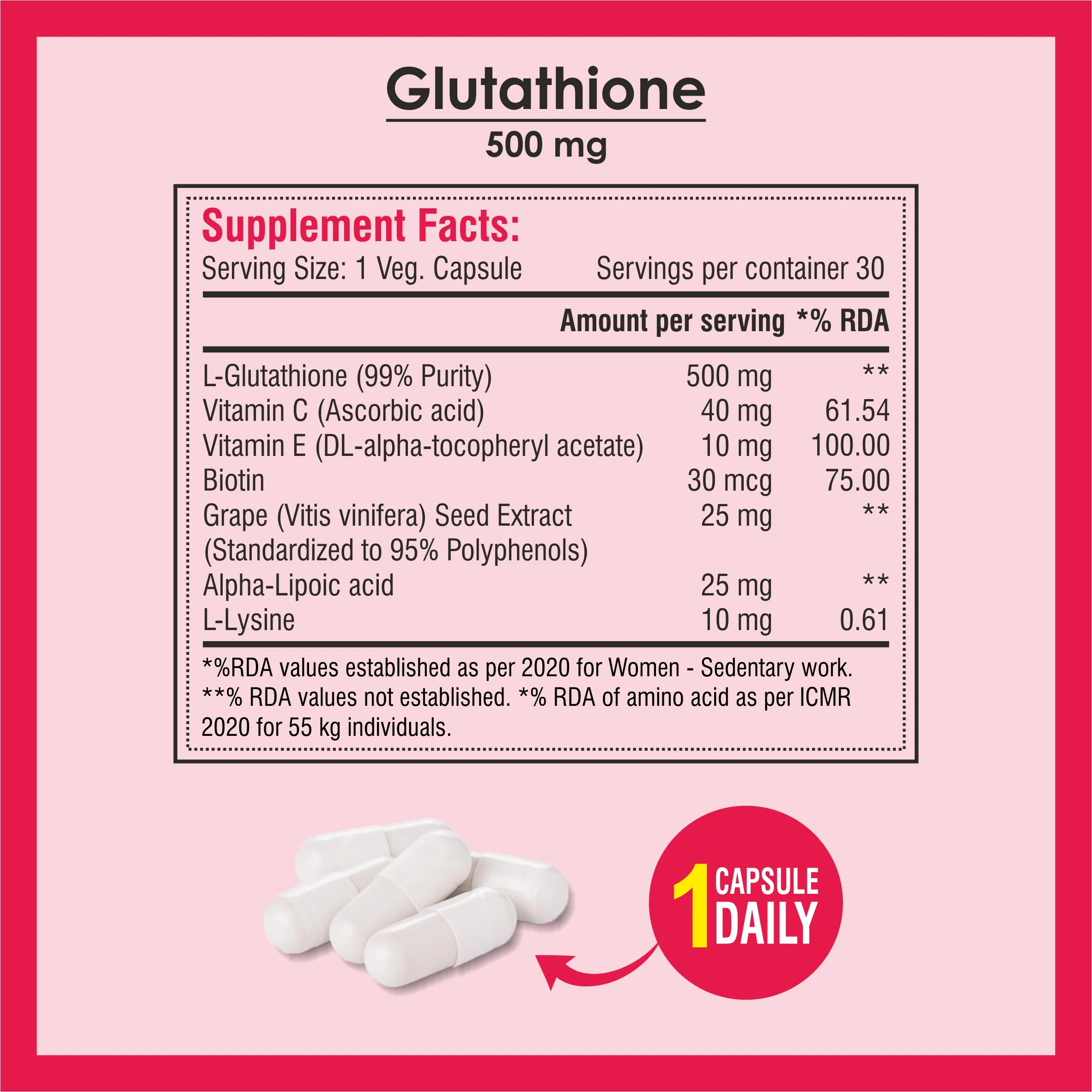 Biotrex Glutathione With Vitamin C & E, Biotin, Grape Seed Extract, Alpha Lipoic Acid, L-Lysine For Healthy Skin Health, Antioxidant Supplement - 30 Vegetarian Capsules - Image 4