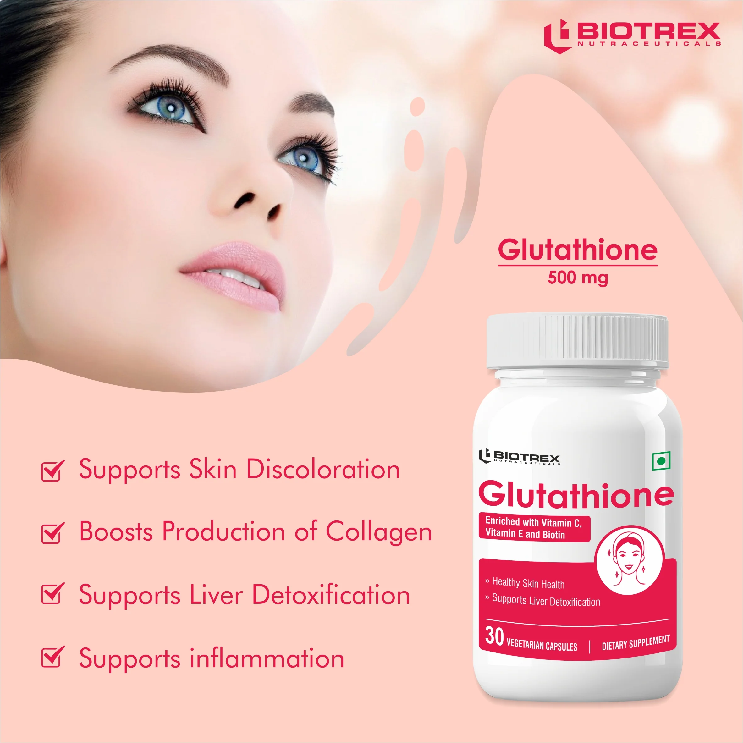 Biotrex Glutathione With Vitamin C & E, Biotin, Grape Seed Extract, Alpha Lipoic Acid, L-Lysine For Healthy Skin Health, Antioxidant Supplement - 30 Vegetarian Capsules - Image 5