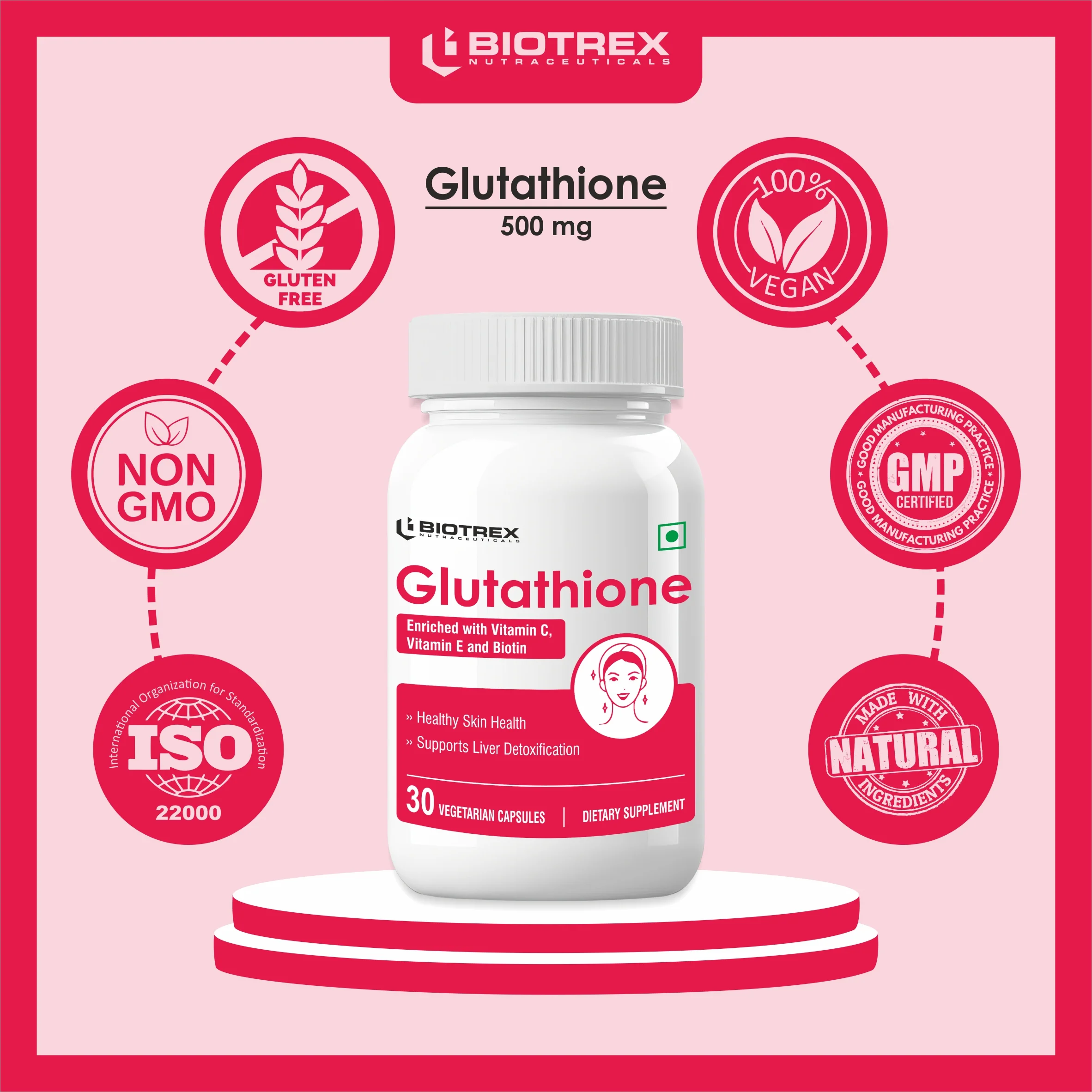 Biotrex Glutathione With Vitamin C & E, Biotin, Grape Seed Extract, Alpha Lipoic Acid, L-Lysine For Healthy Skin Health, Antioxidant Supplement - 30 Vegetarian Capsules - Image 7
