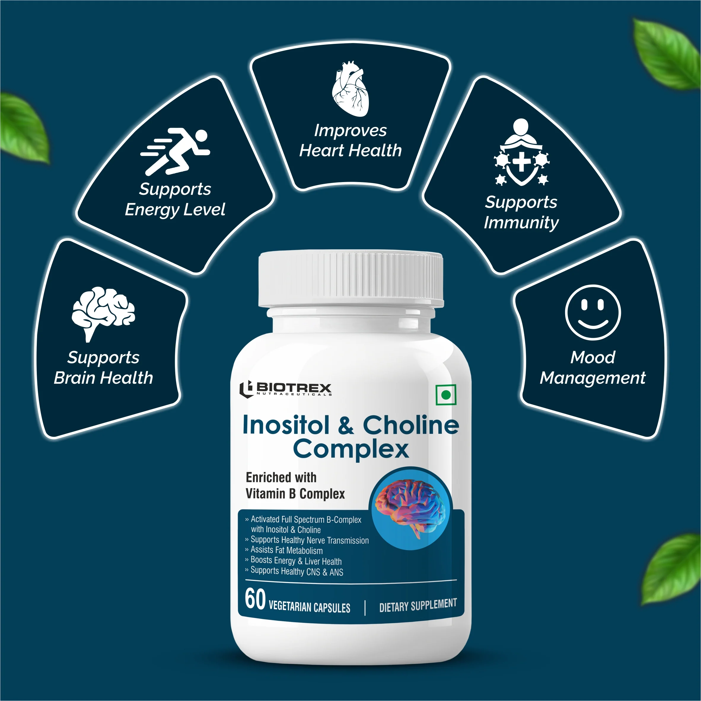 Biotrex Inositol and Choline Complex With Vitamin B Complex Vitamin B1, B2, B3, B5, B6, B7, B9 & B12, Enriched With High Purity, Advanced Nervous System & Fatty Acid - 60 Veg Capsules - Image 3