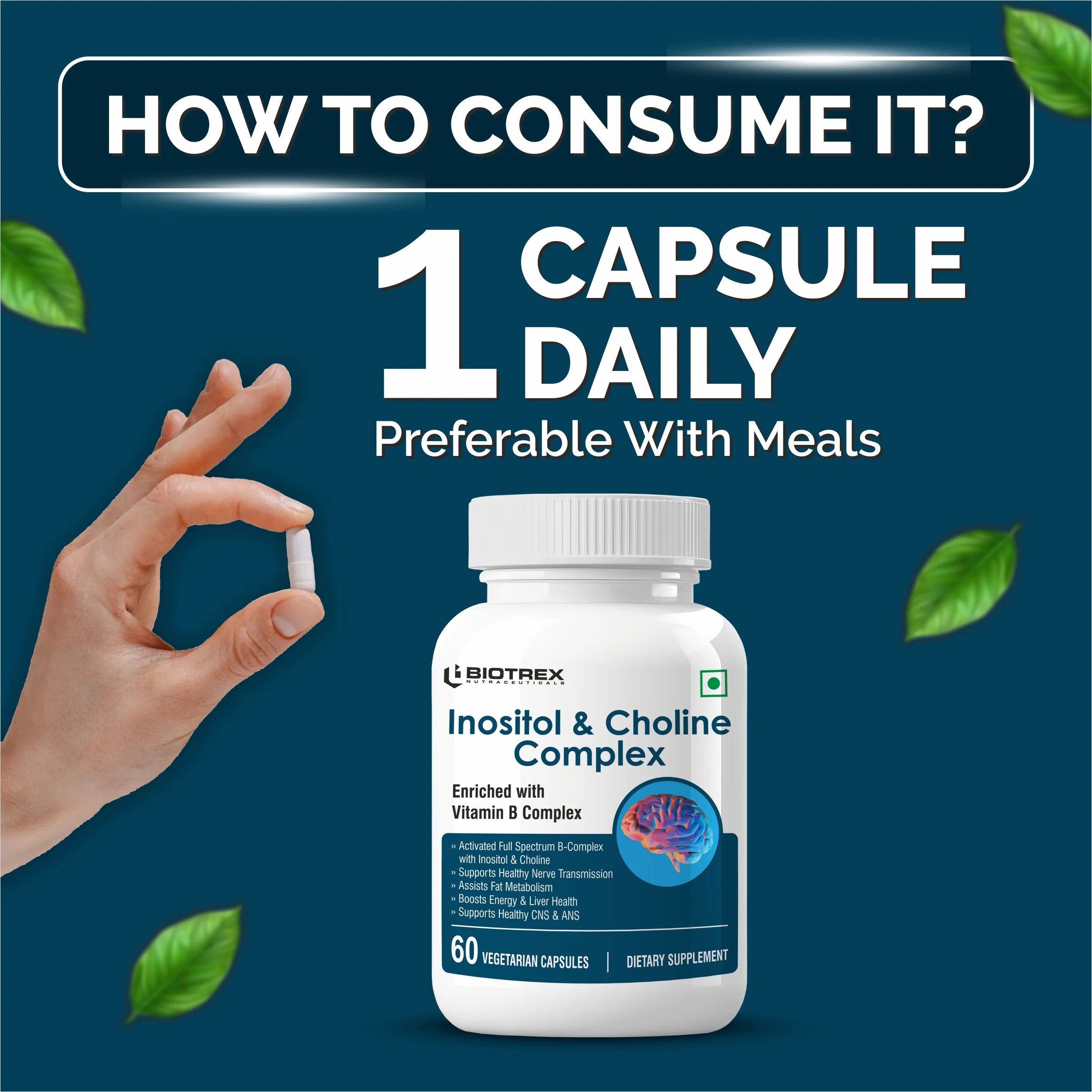 Biotrex Inositol and Choline Complex With Vitamin B Complex Vitamin B1, B2, B3, B5, B6, B7, B9 & B12, Enriched With High Purity, Advanced Nervous System & Fatty Acid - 60 Veg Capsules - Image 4