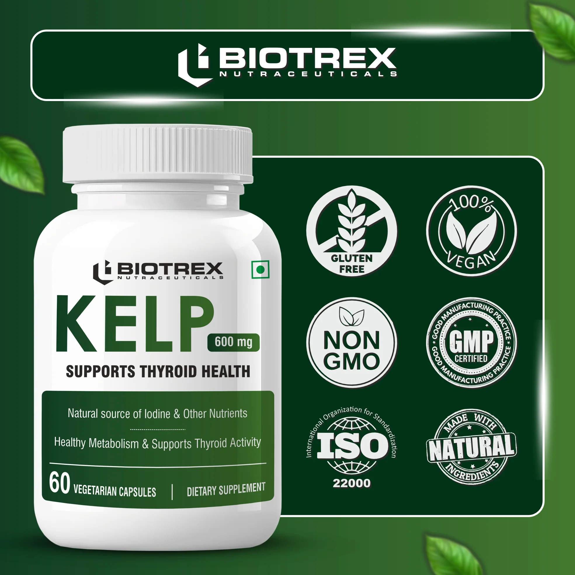 Biotrex Nutraceuticals Kelp Extract 600mg | Richest Vegan Source of Iodine | Supports Thyroid Health & Healthy Metabolism with Soluble Fiber - 60 Veg Capsules - Image 5