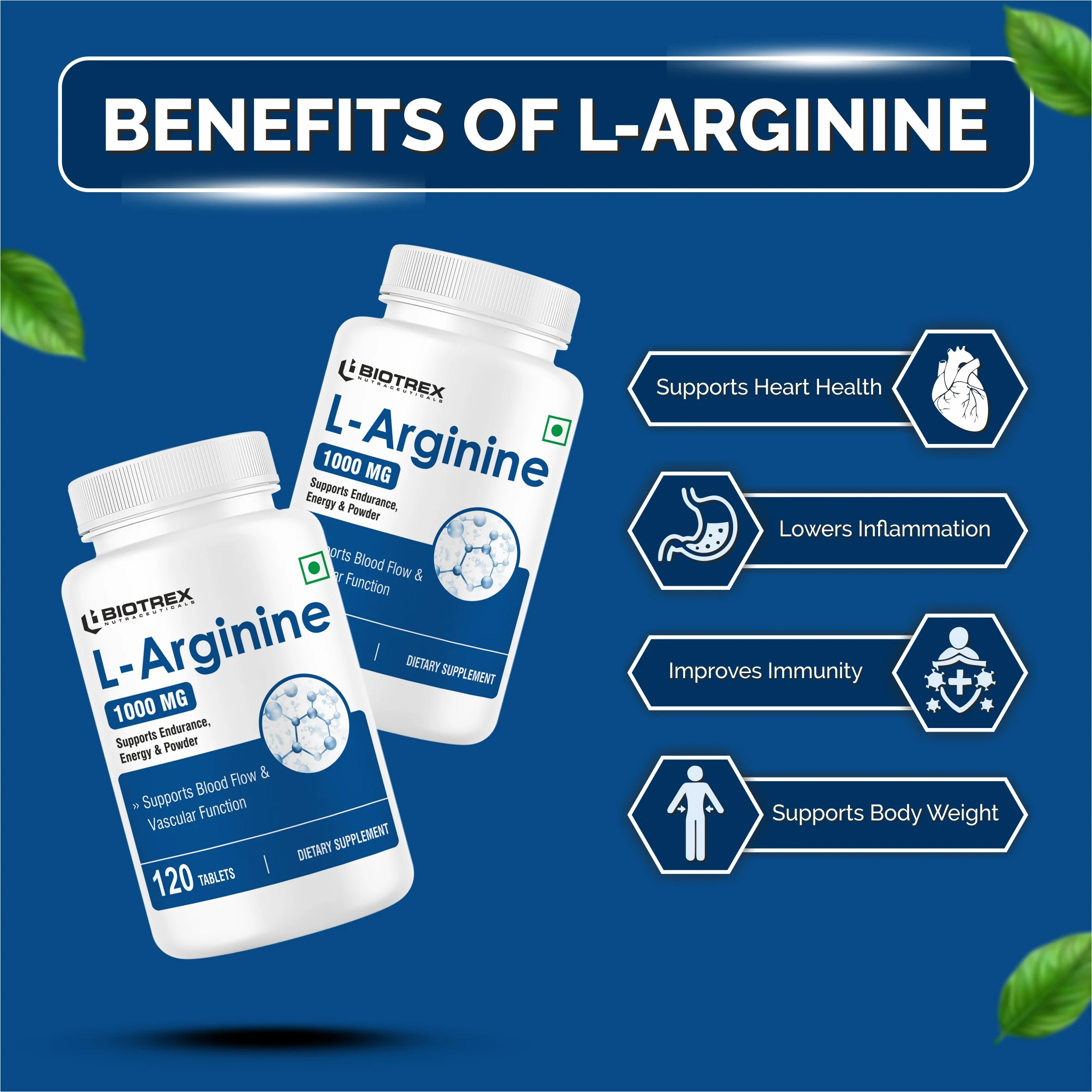 Biotrex L-Arginine 1000mg Supplement, Nitric Oxide Production & Muscle Growth - 120 Tablets - Image 3