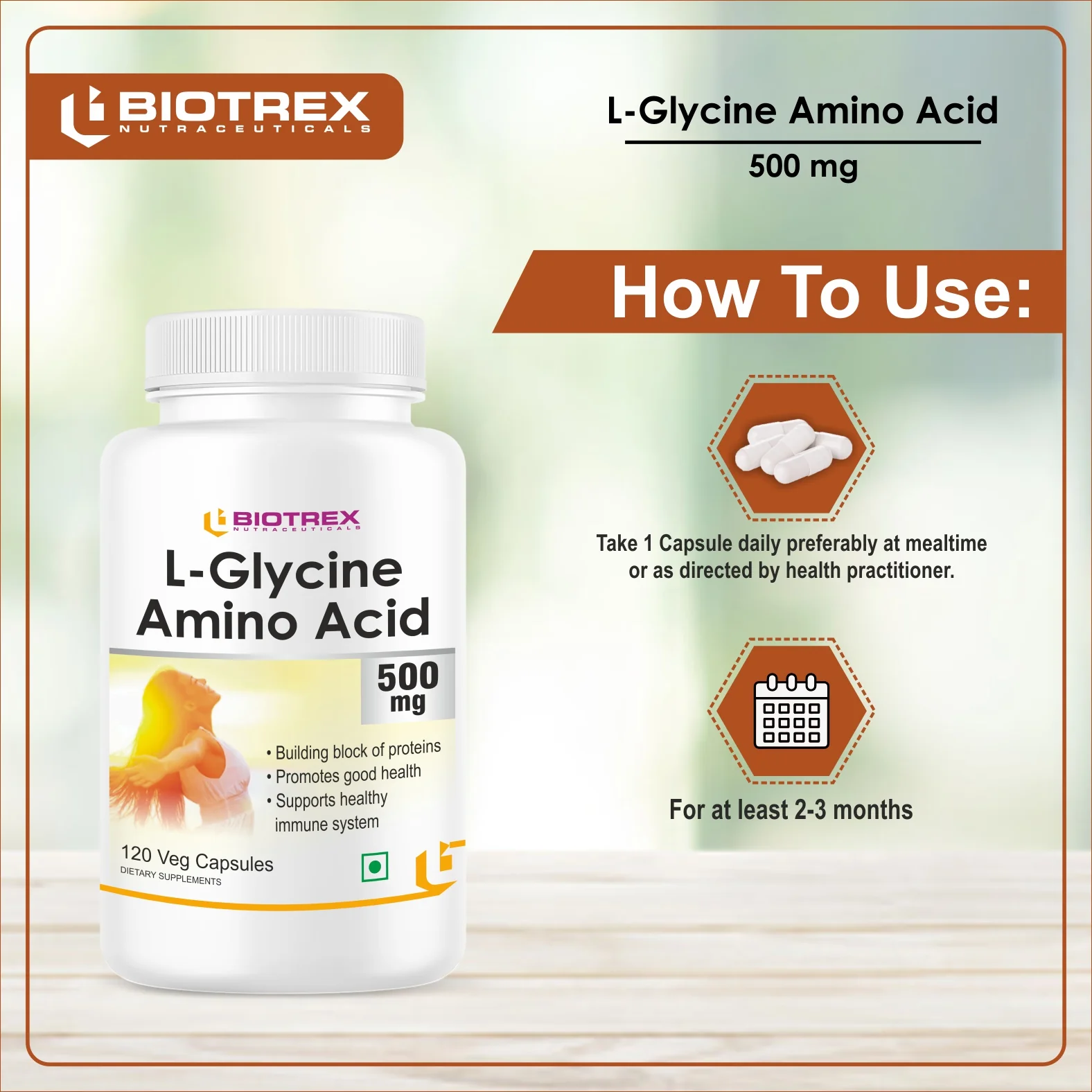 Biotrex L-Glycine Amino Acid 500mg 120veg capsules - Image 4