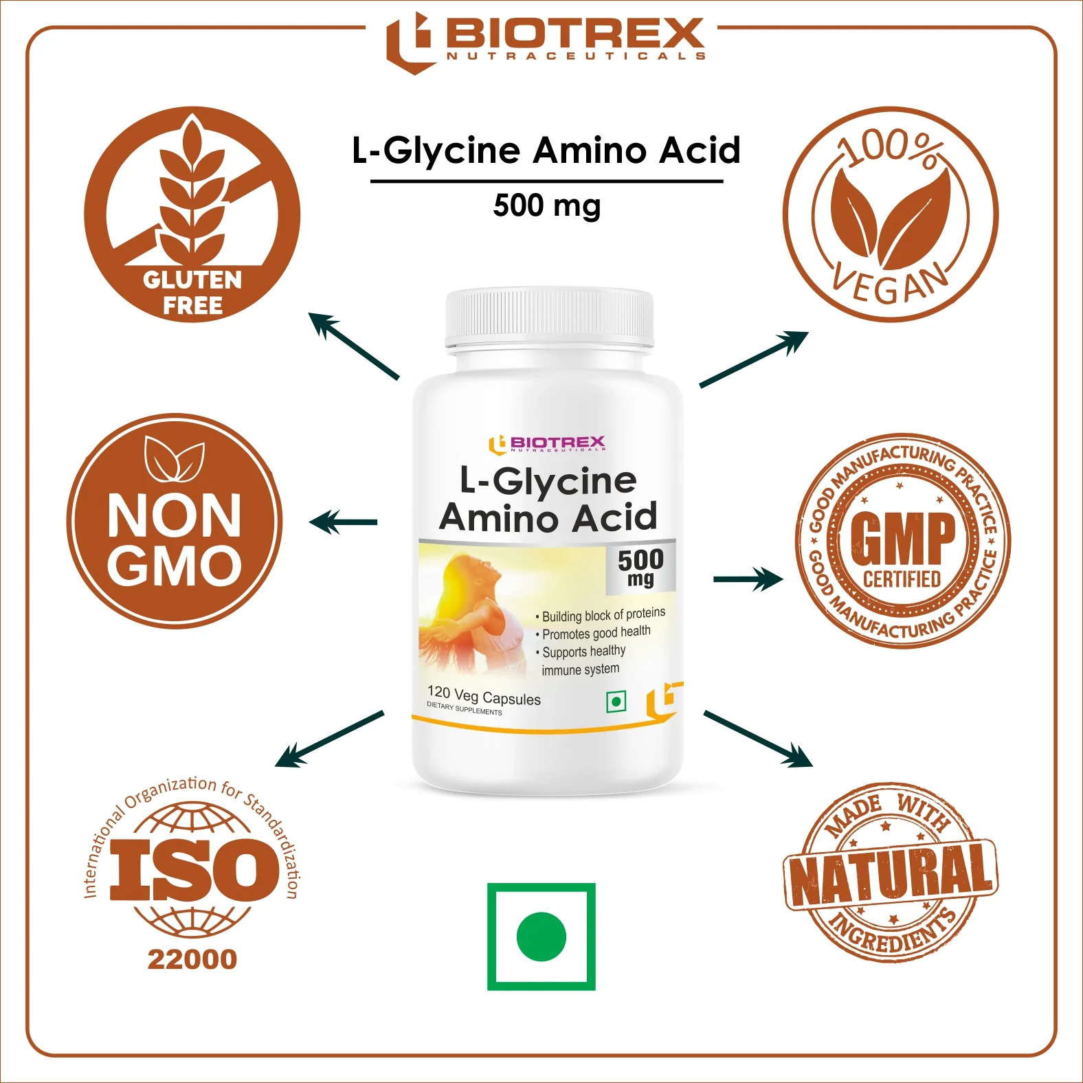 Biotrex L-Glycine Amino Acid 500mg 120veg capsules - Image 7