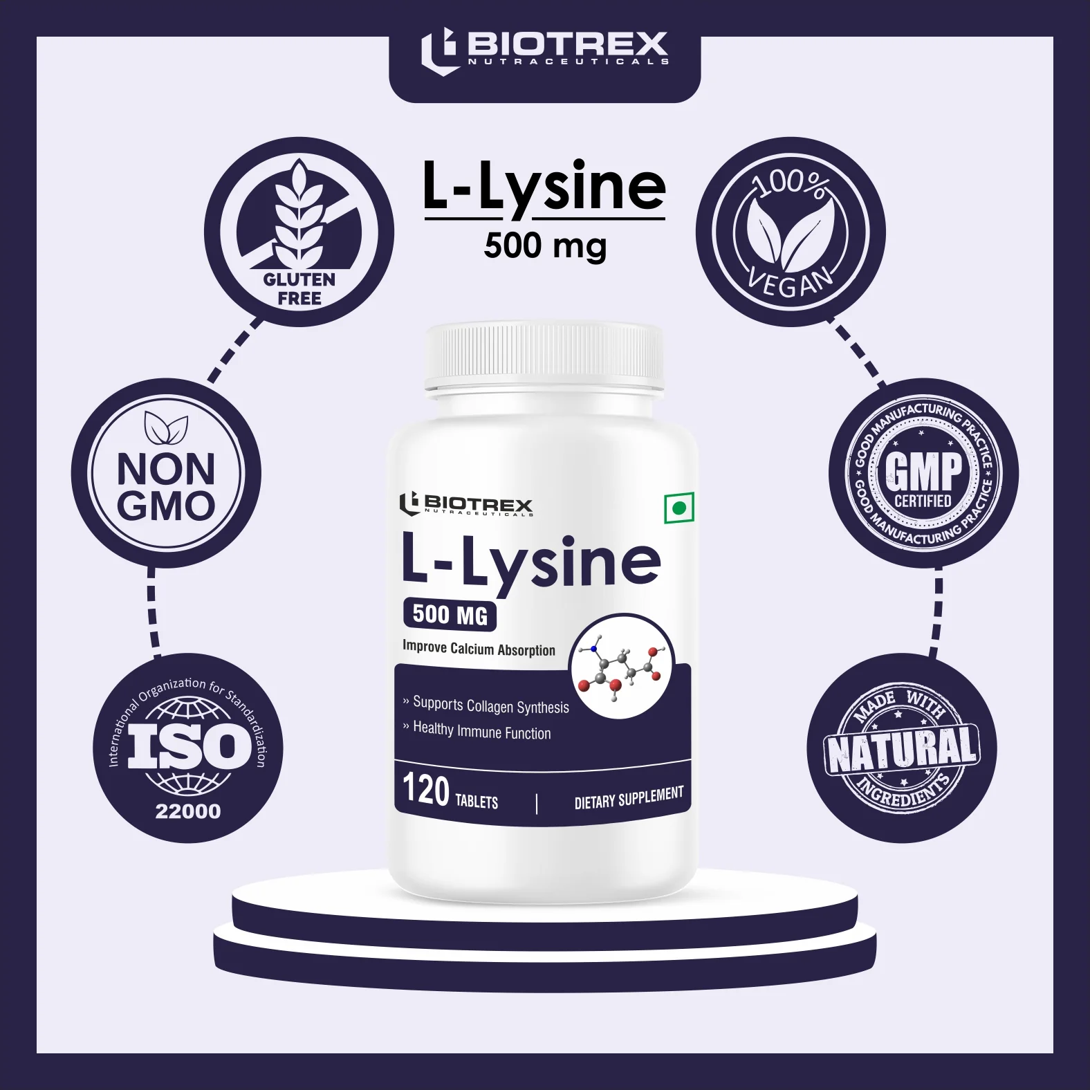 Biotrex L-Lysine 500mg, From L-Lysine Monohydrochloride, Healthy Immune Function - 120 Tablets - Image 7