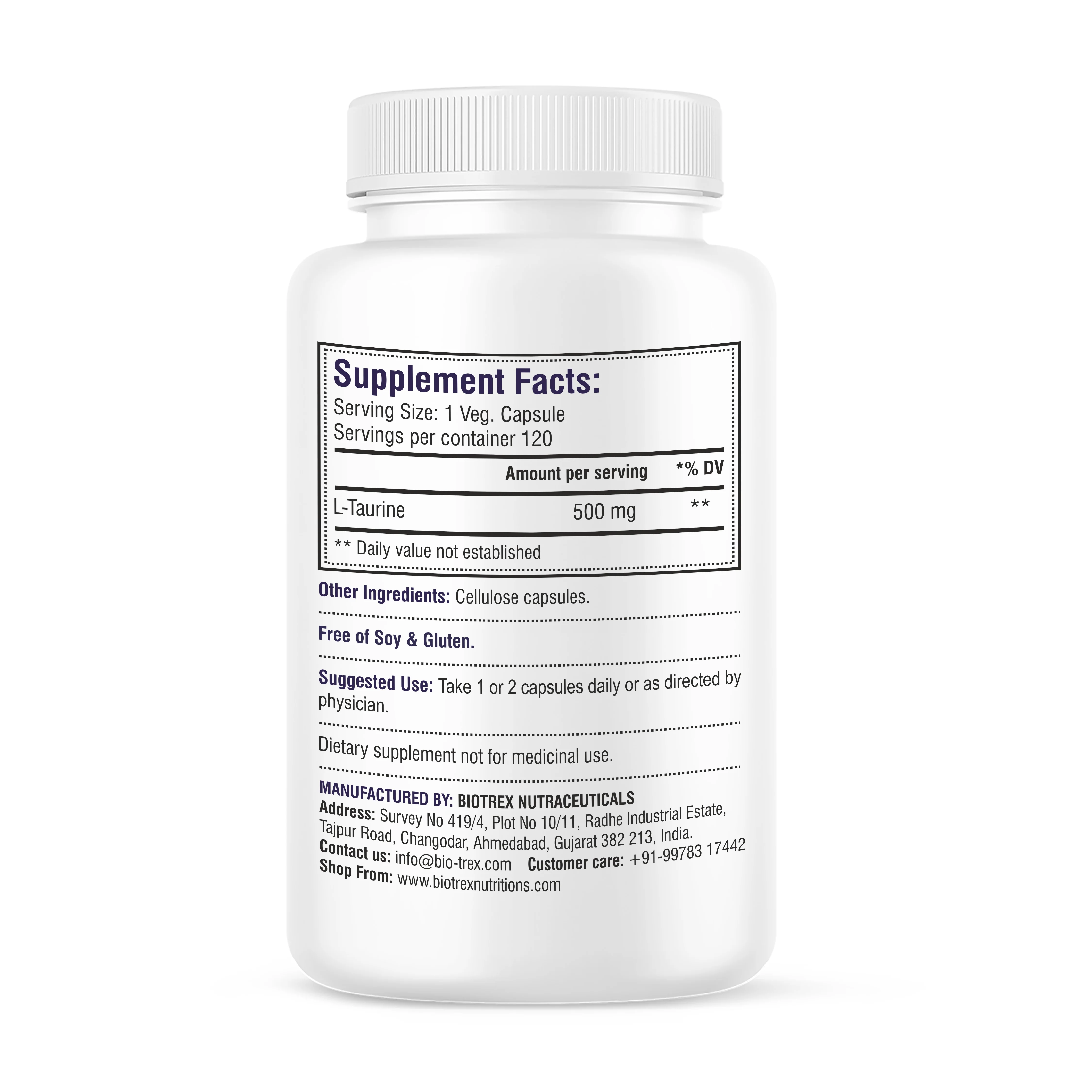 Biotrex L-Taurine 500mg Supplement, Energy, Heart, Brain & Eye Health Support, Cardiovascular system, 120 Vegetarian Capsules - Image 2