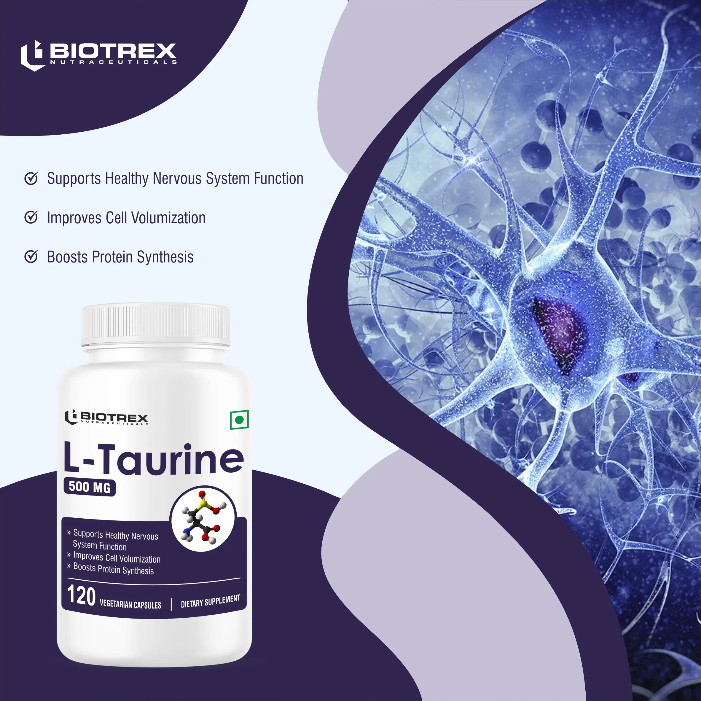 Biotrex L-Taurine 500mg Supplement, Energy, Heart, Brain & Eye Health Support, Cardiovascular system, 120 Vegetarian Capsules - Image 5