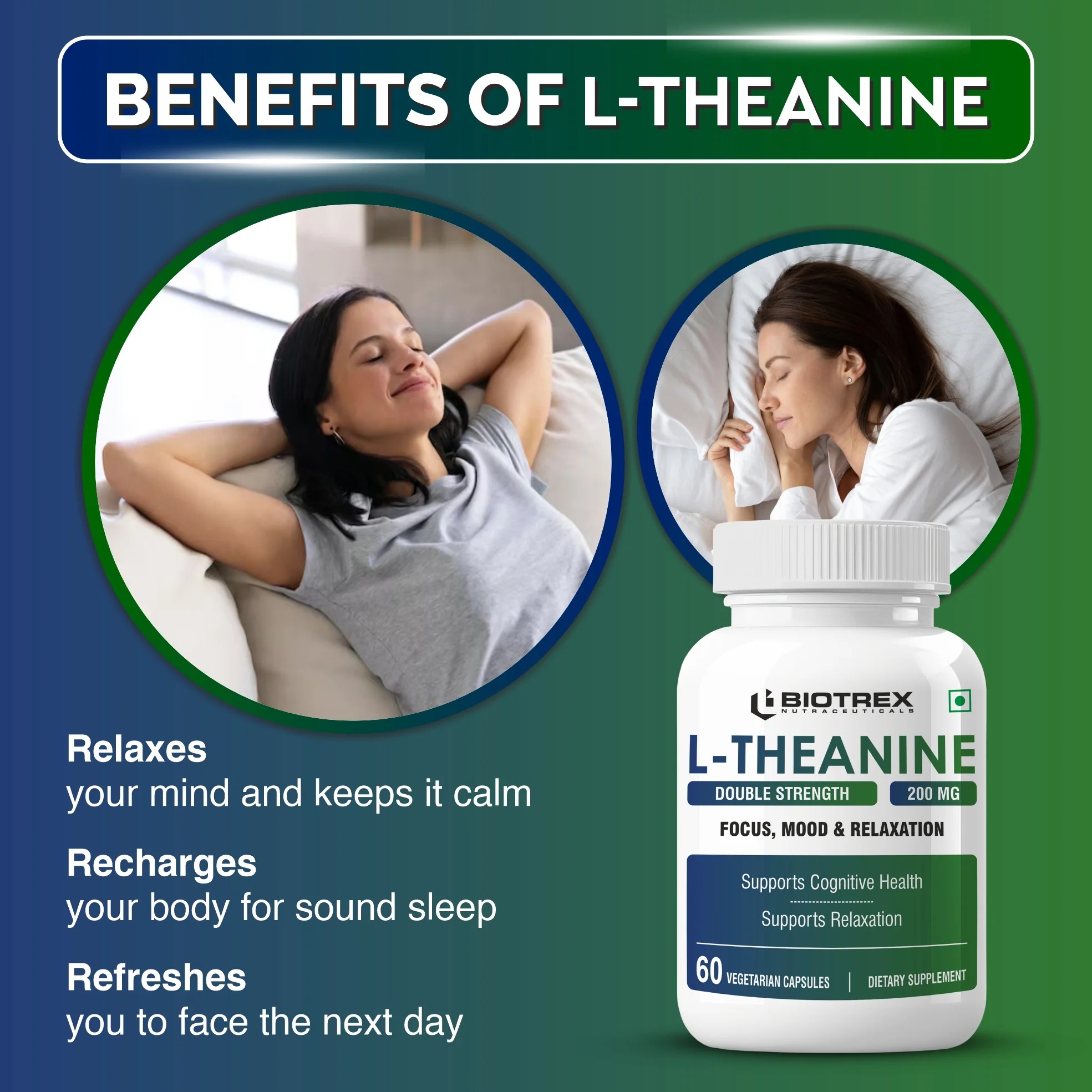 Biotrex Nutraceuticals L-Theanine 200mg Double Strength, Non-Drowsy Support | Helps Cognitive Health & Relaxation - 60 Veg Capsules - Image 3