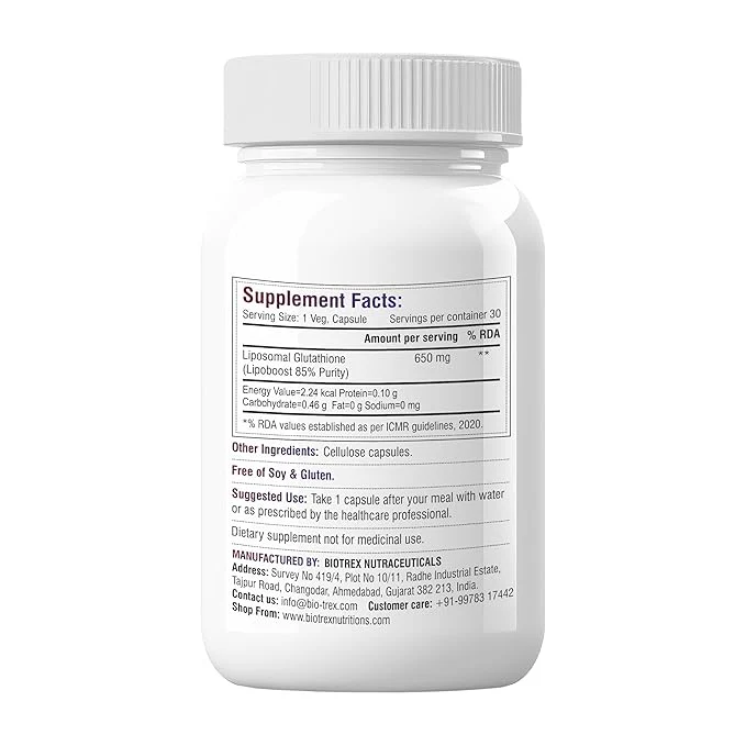 Biotrex Nutraceuticals Liposomal Glutathione 85% Lipoboost High Purity Form, Supports Healthy Skin Health - 30 Veg Capsules - Image 2