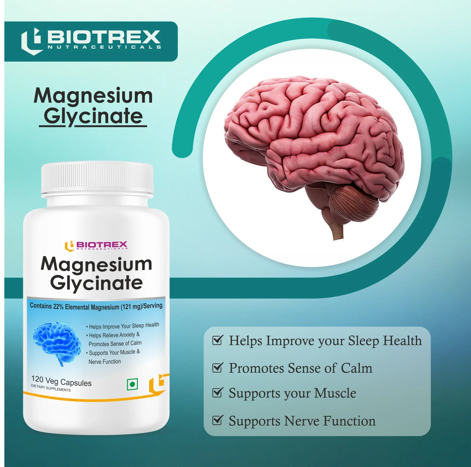 Biotrex Magnesium Glycinate, High Bioavailabilty, Best For Sleep Health, Supports Muscle & Nerve Health - 120 Veg Capsules - Image 3