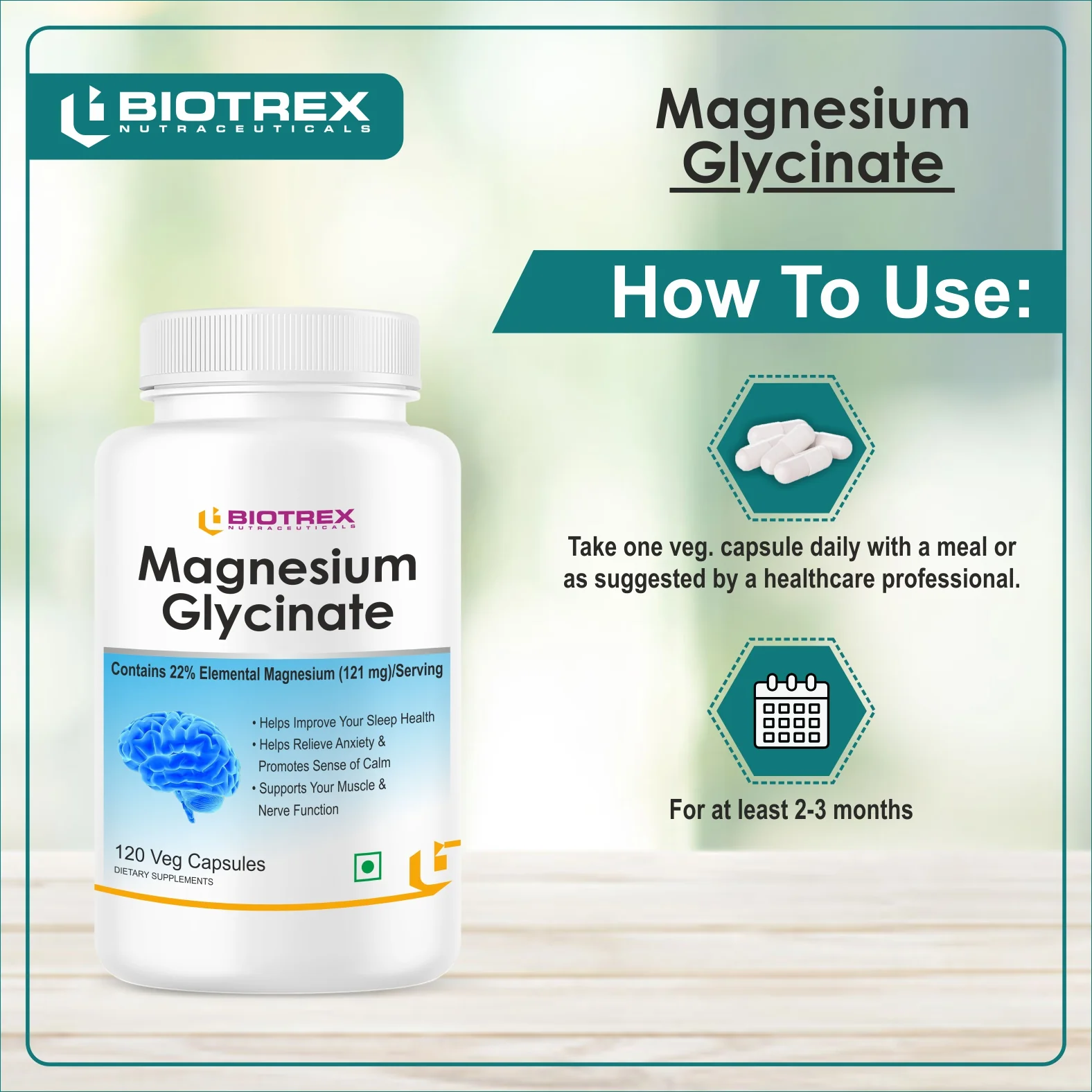 Biotrex Magnesium Glycinate, High Bioavailabilty, Best For Sleep Health, Supports Muscle & Nerve Health - 120 Veg Capsules - Image 4